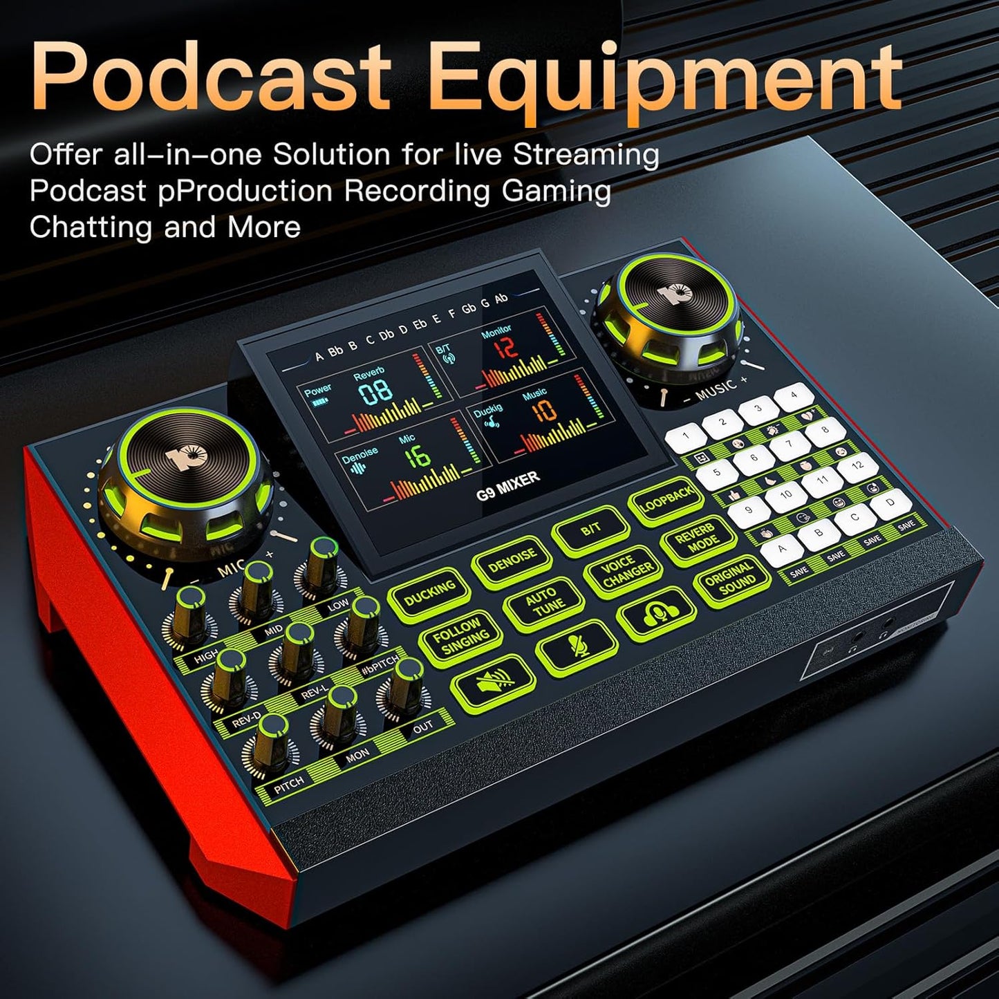 Audio mixer, suitable for live streaming, singing, and gaming on computers/phones; podcast mixer with real-time sound card, noise reduction function, and one-click mute function