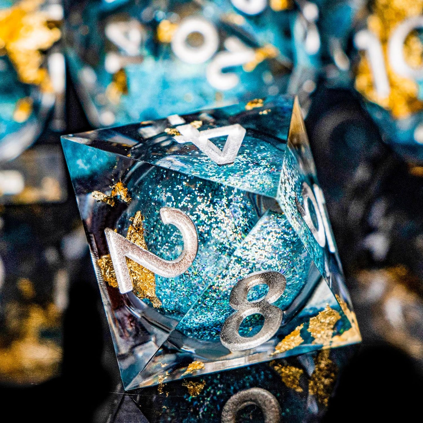 DND Dice Blue Liquid Core Dice Set with Metal Box, Handmade Sharp Edge D and D Polyhedral Dice for use with RPG D&D Role Playing Game