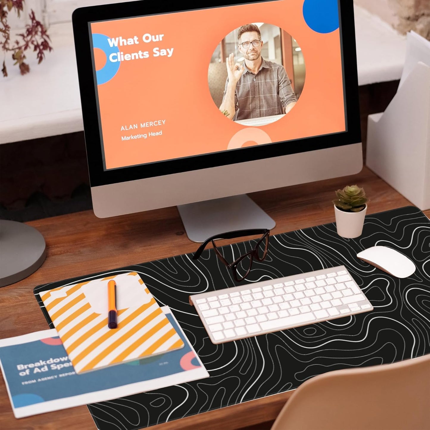 Desk Mat,Black Topographic Contour Map Desk Pad,Topographic Contour Large Gaming Mouse Pad for Desk,Extended Big Computer Keyboard Mouse Pad with Non-Slip Base and Stitched Edge,35.4"x15.7"