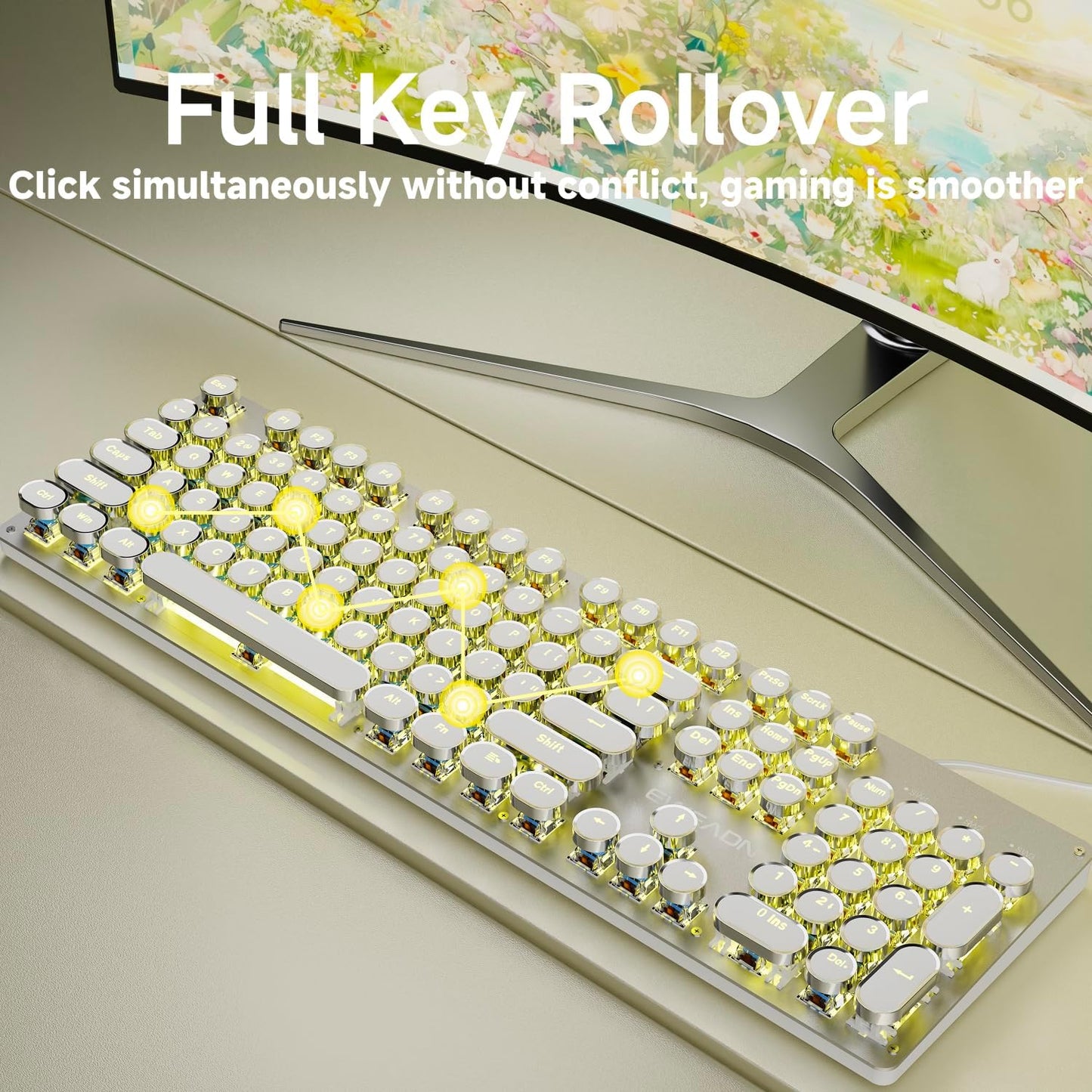 EWEADN TK100 Typewriter Style Wired Mechanical Keyboard, 104 Keys Aesthetic Typewriter Keyboard with Yellow Backlit, Anti-Ghosting, Blue Switch Cool Keyboards-White