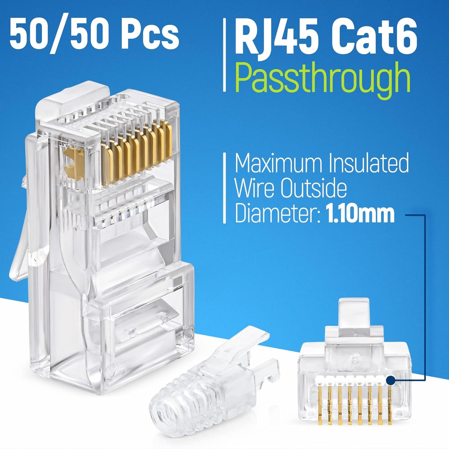GTZ RJ45 Cat6 Pass Through Connectors and Strain Relief Boots - Pack of 50/50 - EZ to Crimp Modular Plug for Solid or Stranded UTP Network Cable