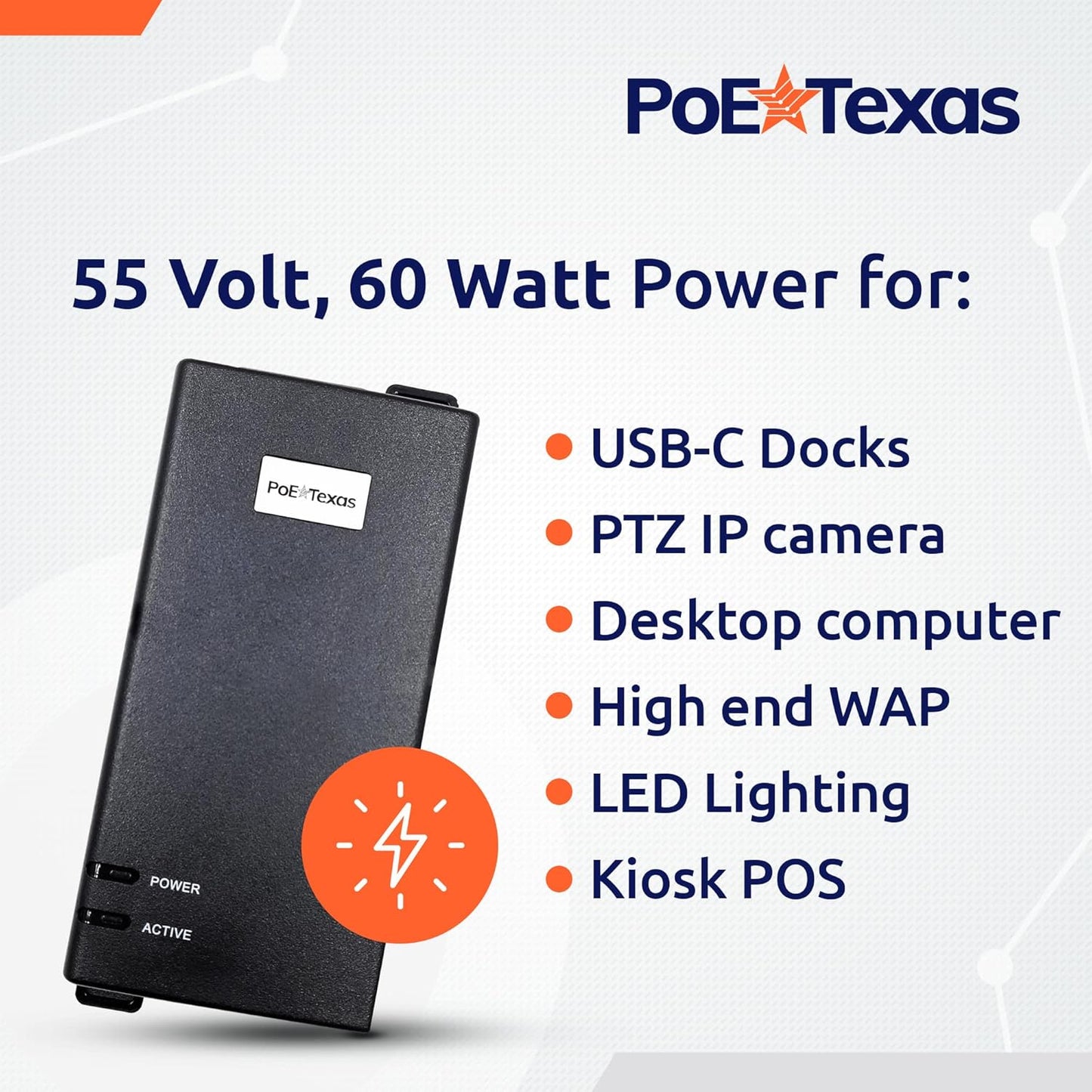 Poe Texas 60 watt PoE Injector - 802.3bt PoE++ Single Port 4-Pair Power Over Ethernet Injector - Active PoE Adapter with 55V 60W Output - 10/100/1000 Gigabit Data - Mode A/B Wall Mount Plug & Play