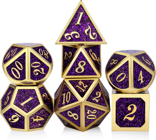 DNDND Glitter Purple Metal Dice Set, Solid Polyhedral DND Metallic Dice with Free Metal Case for Role Polying Game Dungeons and Dragons