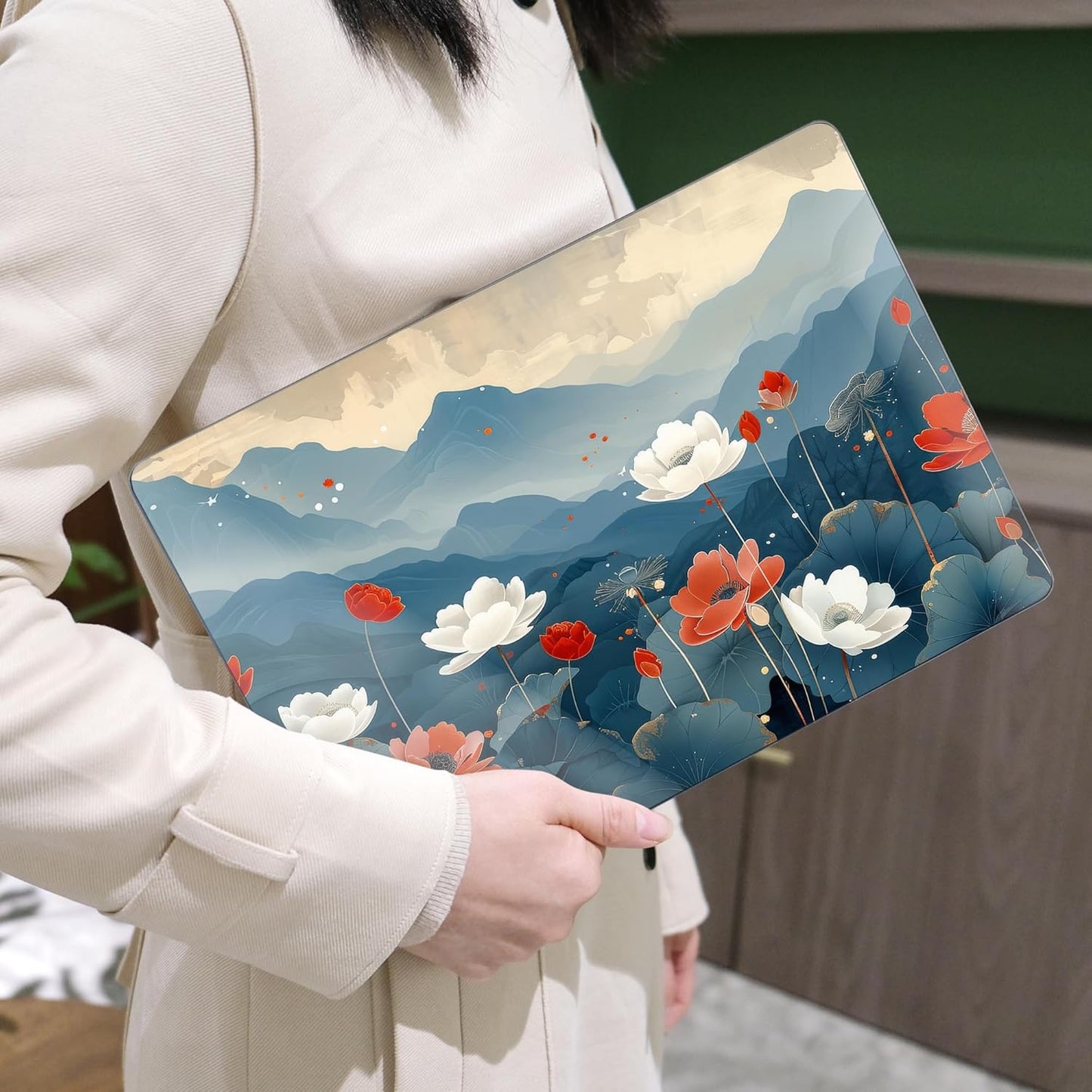 MEEgoodo for MacBook Air 13.3 inch Case 2021 2020 2019 2018 A2337 M1 A2179 A1932, Laptop Shell for MacBook Air M1 with Keyboard Webcam Cover & Trackpad Film & Type C Adapter,Lotus Fields