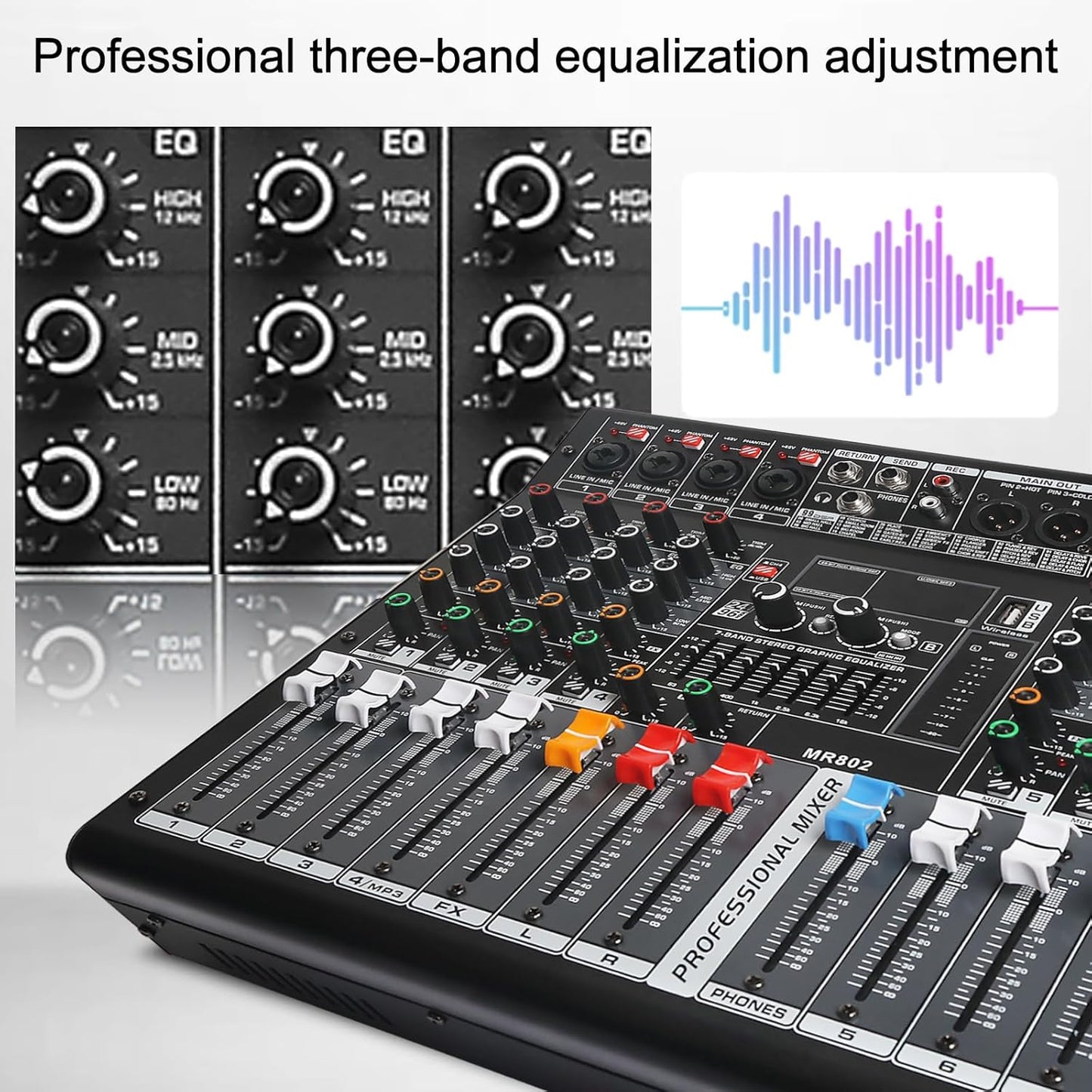 Audio Mixer 8 Channel, DJ Mixer Board with Power Amplifier, Audio Sound Card with 48V Phantom Power, Usb Audio Interface, Sounds Mixer Board with 99 DSP FX Reverb Delay Effect for Streaming