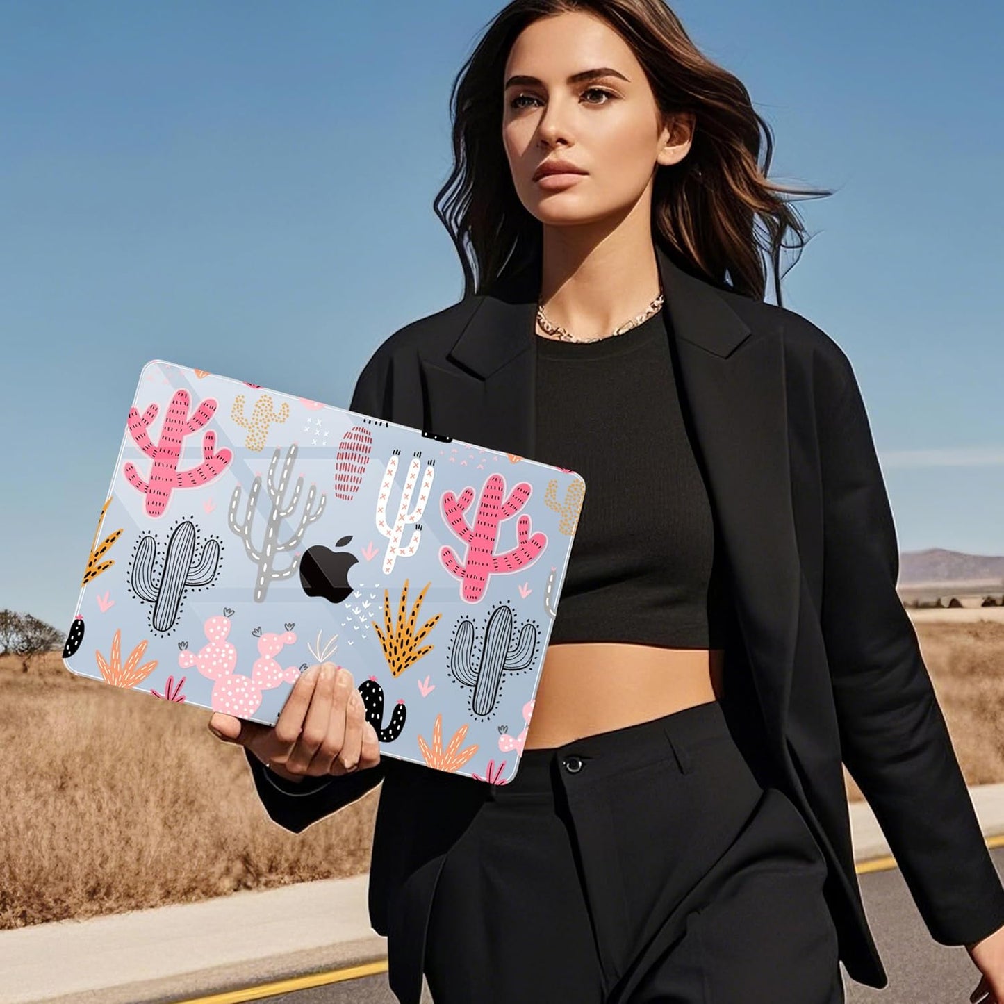 Mektron for 2025 MacBook Air 15 inch M4 Case A3241/ 2024 M3 A3114/ 2023 A2941 M2 Hard Printed Case with 15.3 Liquid Retina Display Touch ID, Plastic Hard Cover & Keyboard Skin- Colorful Cacti-Blue