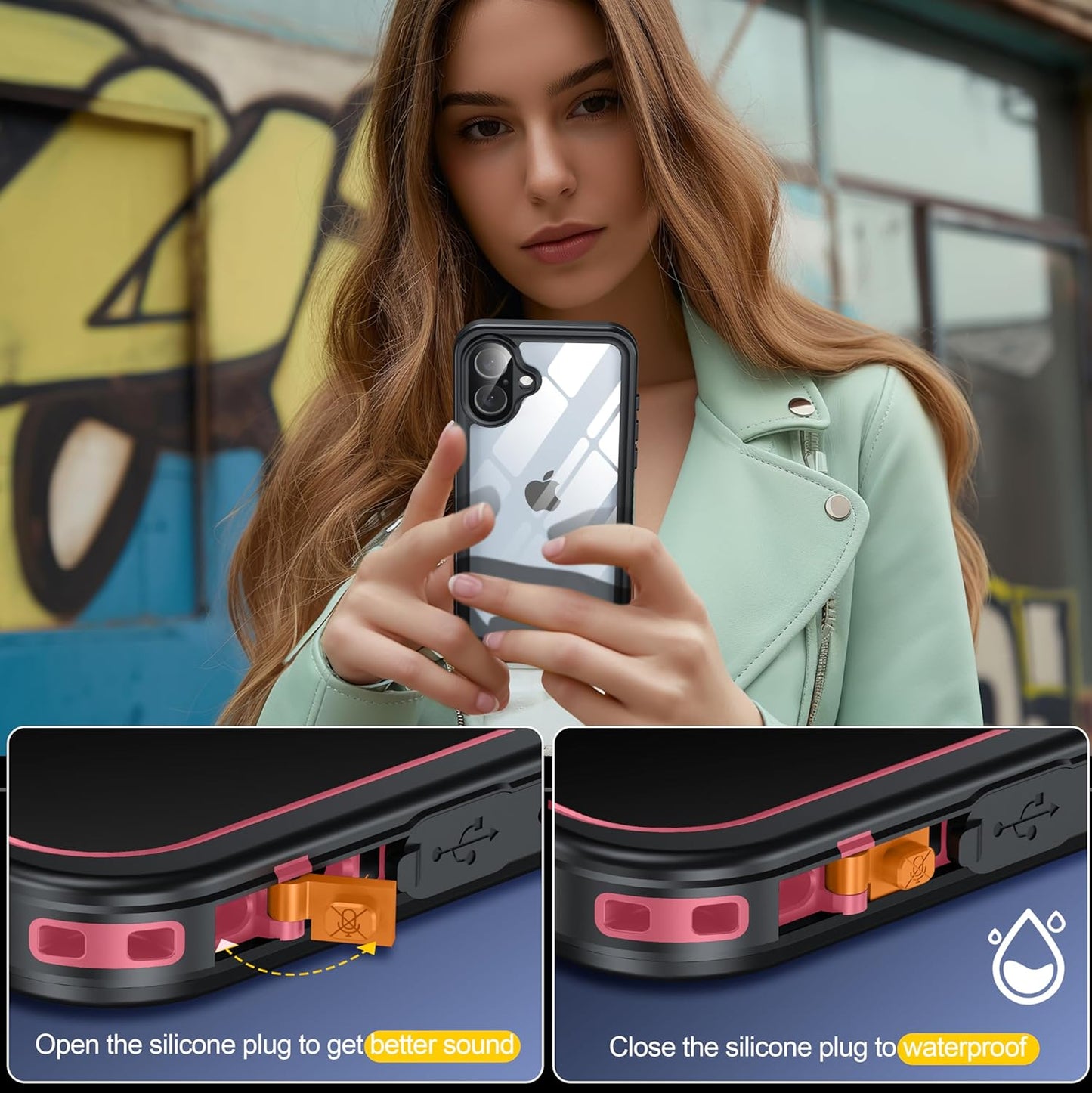 for iPhone 16 Plus Case Waterproof, Built-in Privacy Screen & HD Screen Double Front Frame [IP68 Underwater] Shockproof Dustproof Full Body Protection iPhone 16 Plus Phone Case Pink