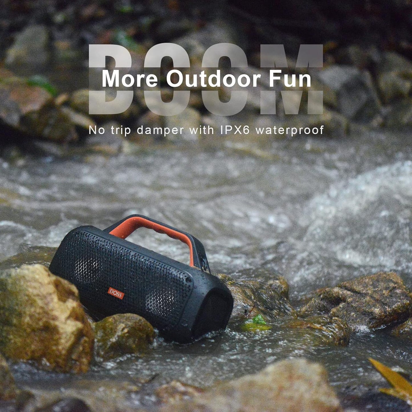 DOSS Extreme Boom Bluetooth Outdoor Speaker with 60W Mighty Sound, Deep Bass, 30H Playtime, USB-C, Bluetooth 5.3, IPX6 Waterproof with Portable Strap for Camping, Beach, Garage-Orange