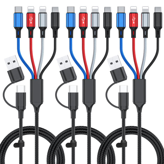 6 in 1 Multi Charging Cable 3Pack-6FT Multi USB Cable 3A Multi Charger Cable Braided Multiple Phone Charger Cable Universal USB A/C Charging Cord with 2*IP/Type C/Micro USB Port for Cell Phone/Tablets