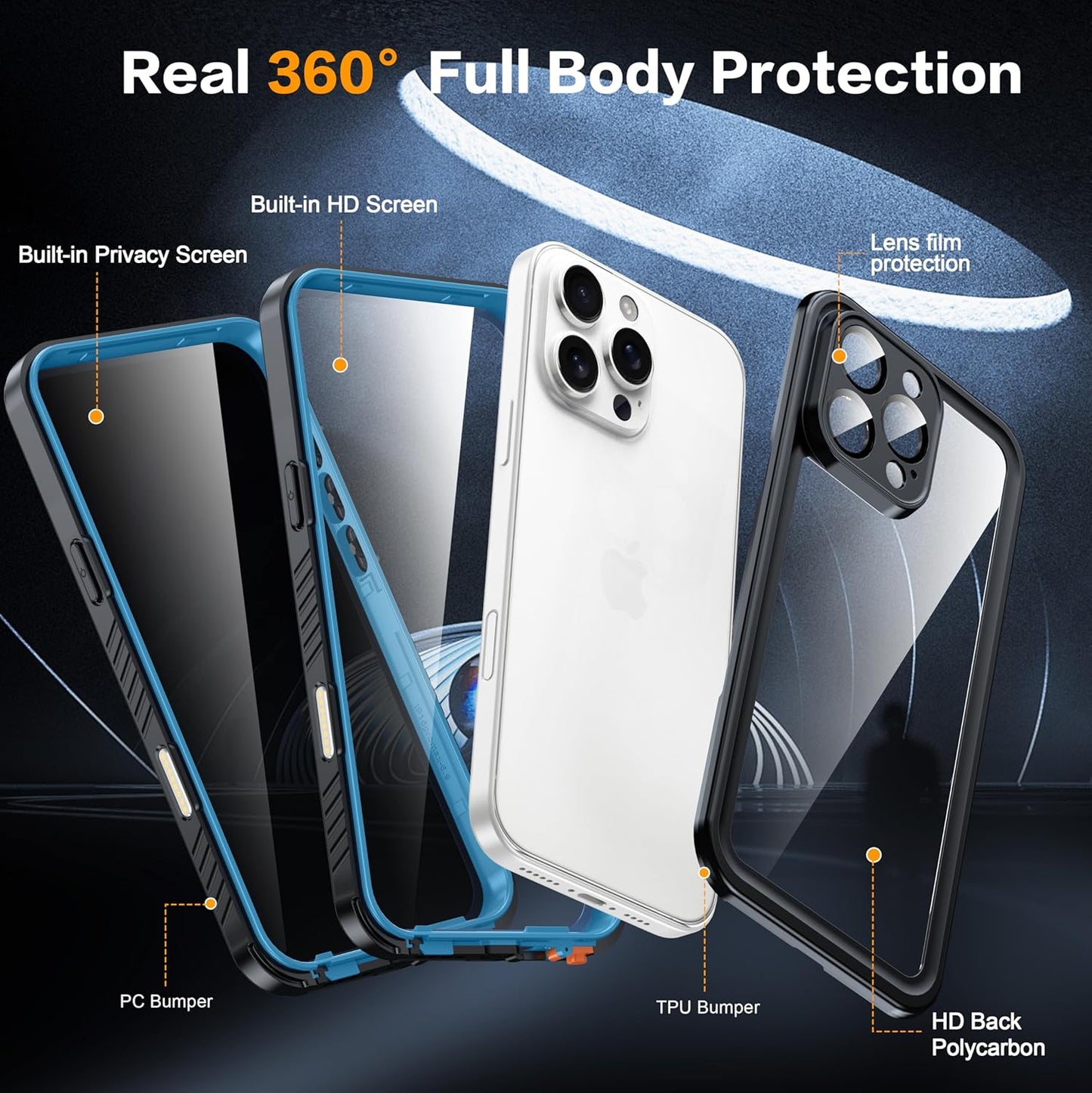 for iPhone 16 Pro Max Case Waterproof, Built-in Privacy Screen & HD Screen Double Front Frame [IP68 Underwater] Shockproof Dustproof Full Body Protection iPhone 16 Pro Max Phone Case Blue