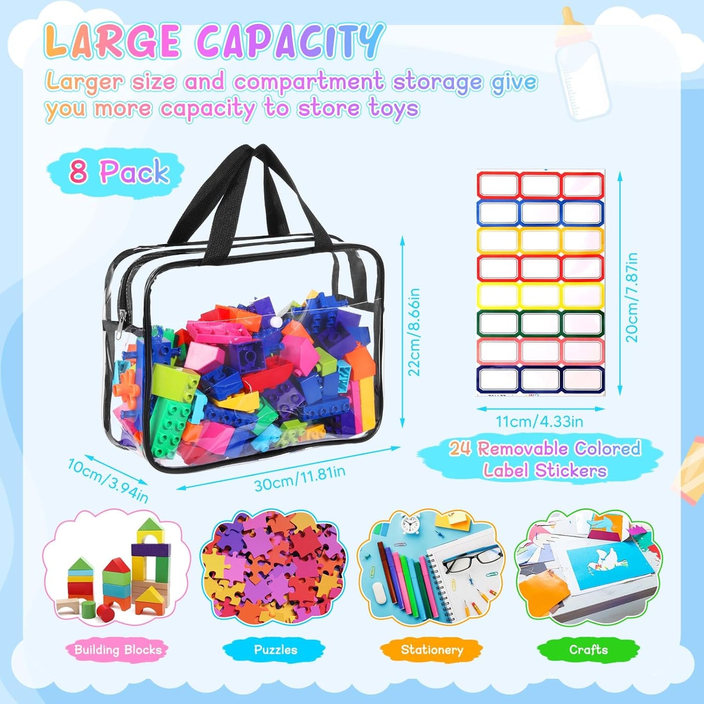 8 Packs Large Toy Storage Bags with Labels&Manual Pocket, Reusable Clear PVC Board Game Storage Bags, Travel Waterproof Organizer Bags with Zipper for Building Blocks, Puzzle, Cosmetic
