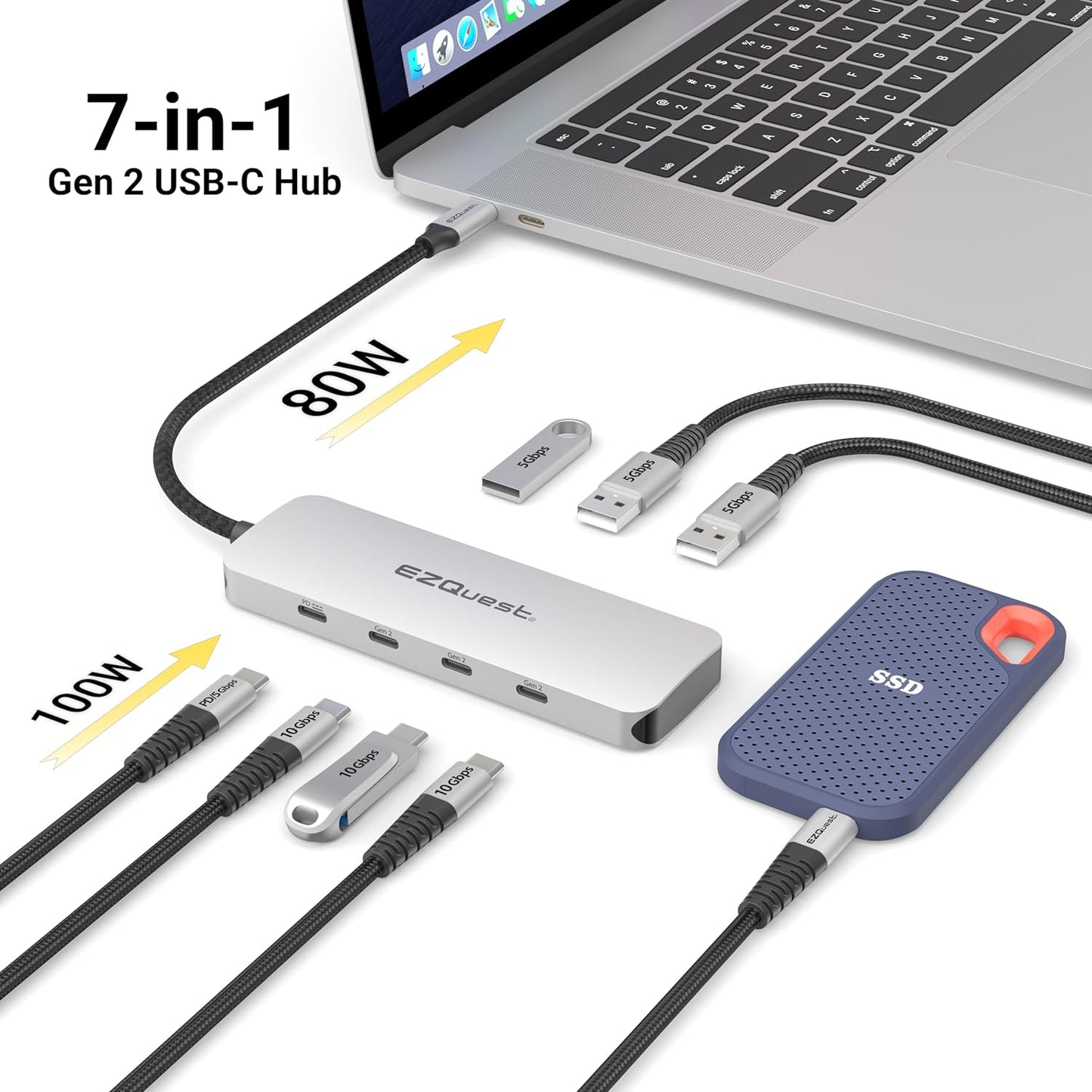 EZQuest USB C Hub Docking Station 7 in 1 with 3 Gen 2 10Gbs Ports, 3 USB A 3.0 Ports, 1 USB C Power Delivery 3.0 with 5Gbs Data, Compatible with MacBook/Dell/HP/Lenovo Laptops