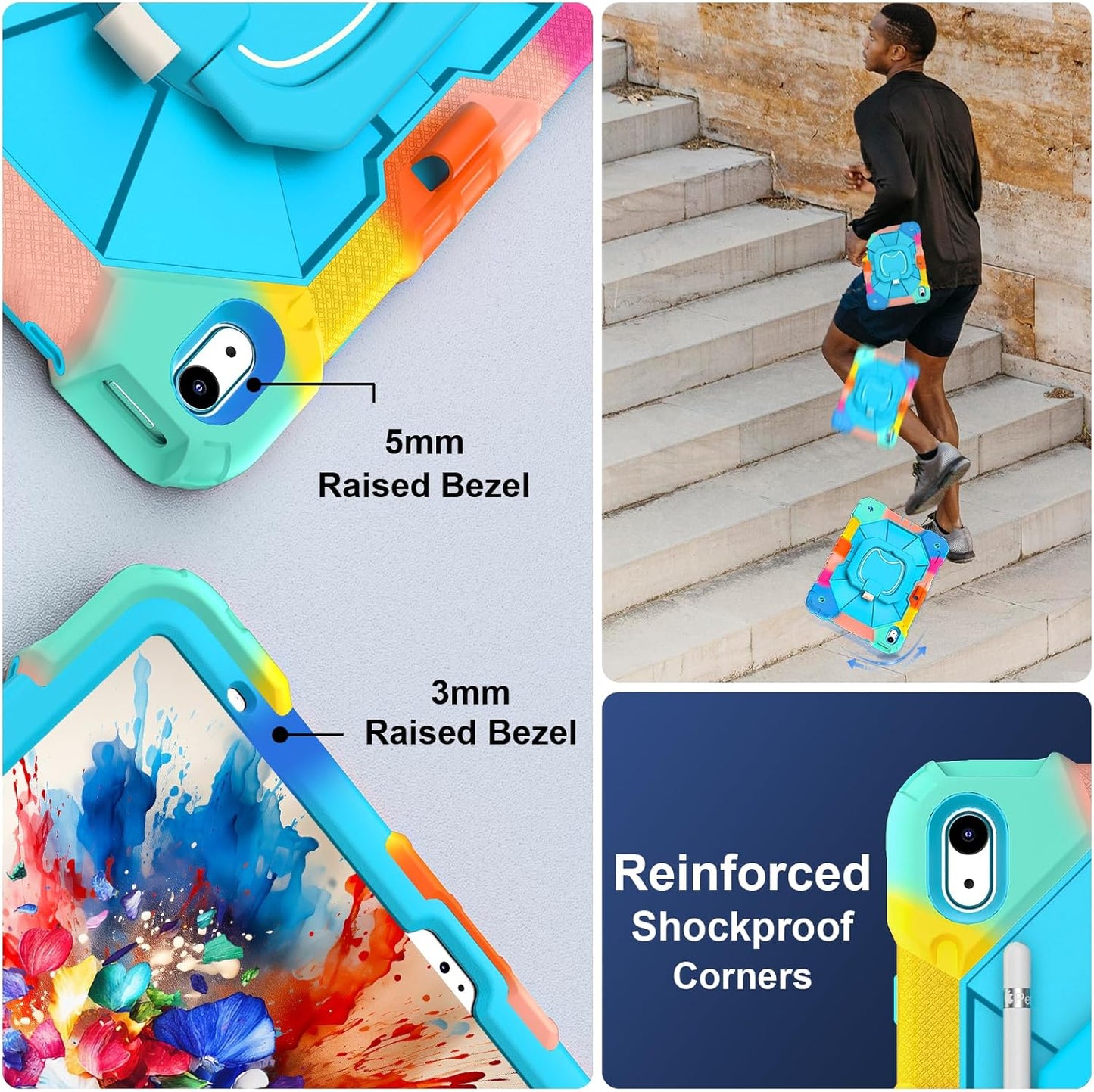 Case for iPad (A16) 11th Generation 11 Inch (2025), iPad 10th Generation Case 10.9 Inch (2022), Shockproof Cover with 360° Rotating Stand Screen Protector Pen Holder Shoulder Strap,RainbowBlue