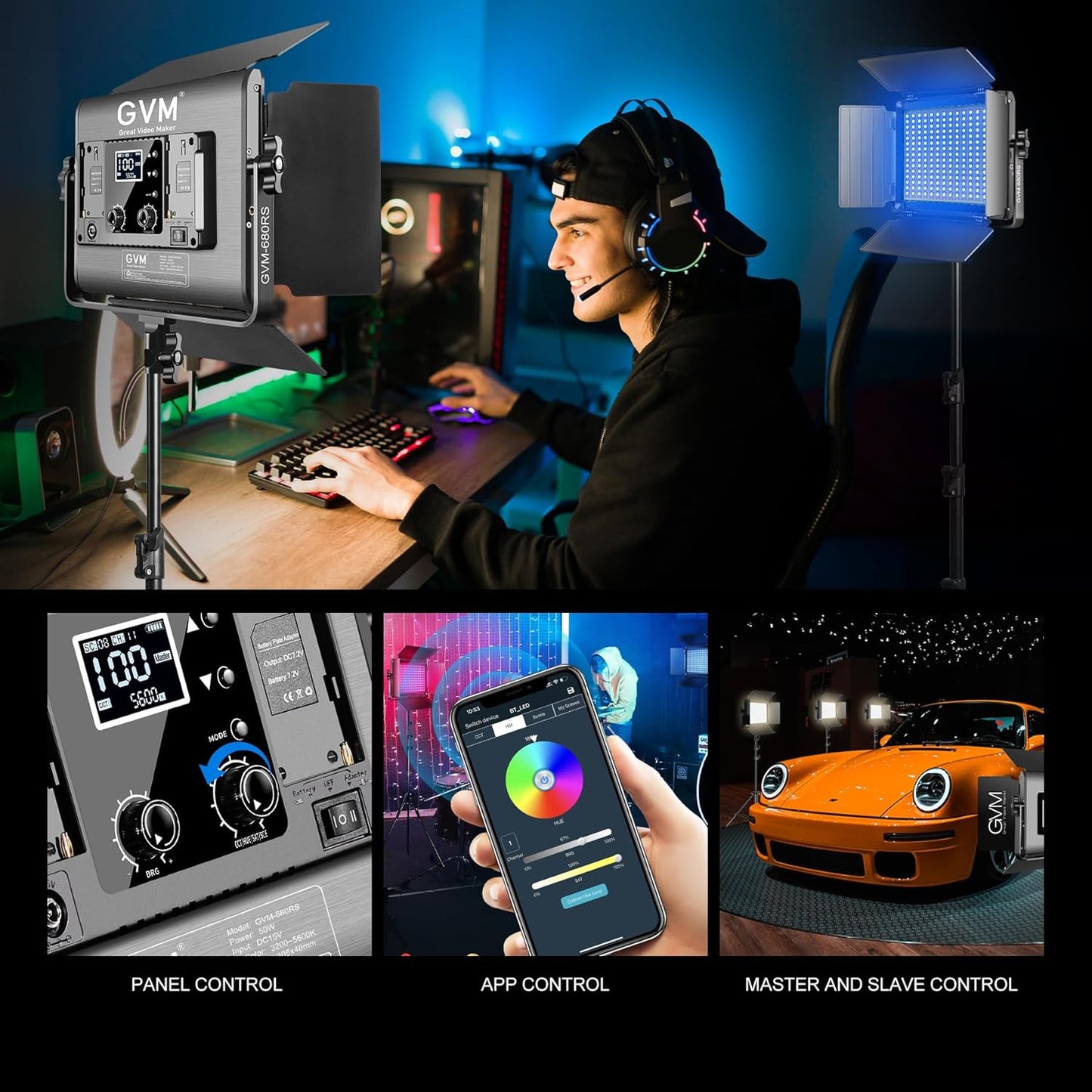 GVM Upgraded 680 RGB LED Video Light with Lighting Stand Kit, 50W Photography Lighting with Bluetooth Control, Studio Light with 18 Lighting Scenes, led Panel Lights for Video Recording, 8500lux/0.5m