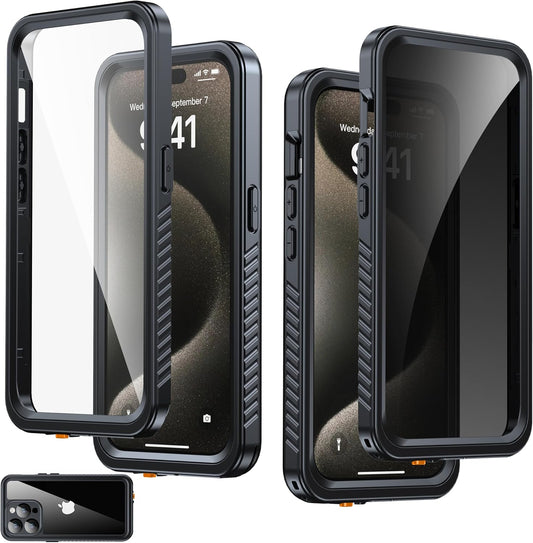 for iPhone 15 Pro Case Waterproof - Built-in Privacy Screen Protector & HD Screen Protector [IP68 Underwater] Shockproof Dustproof Full Body Protection iPhone 15 Pro Phone Case Black