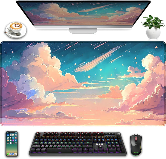 Cool Pink Desk Mat Pastel Clouds Large XXL Gaming Mouse Pad Non-Slip Rubber Base Mousepad, Office Desktop Decor Desk Pad, Computer Laptop Keyboard and Mouse Mat with Stitched Edges, 31.5x15.75 in