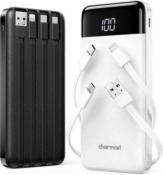 2 Packs Portable Chargers with Built in Cables, 2PCS Slim 10000mAh Travel Essentials Battery Pack 6 Outputs 3A Power Banks for iPhone Samsung Pixel LG Moto iPad
