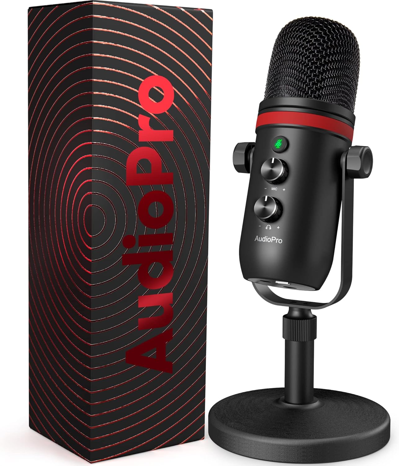 AUDIOPRO USB Microphone, Computer Condenser Gaming Mic for PC/Laptop/PS4/5, Headphone Output, Volume Control, USB Type C Plug and Play, LED Mute Button, for Streaming, Podcast, Studio Recording