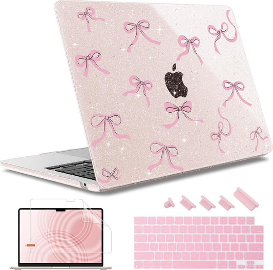 May Chen for MacBook Air 13.6 inch Case A3240 M4 A3113 M3 A2681 M2 with Retina Dispaly, 2025 2024 2023 2022 Release, Plastic Hard Shell Case with Keyboard Cover, Sakura Pink Glitter Bow