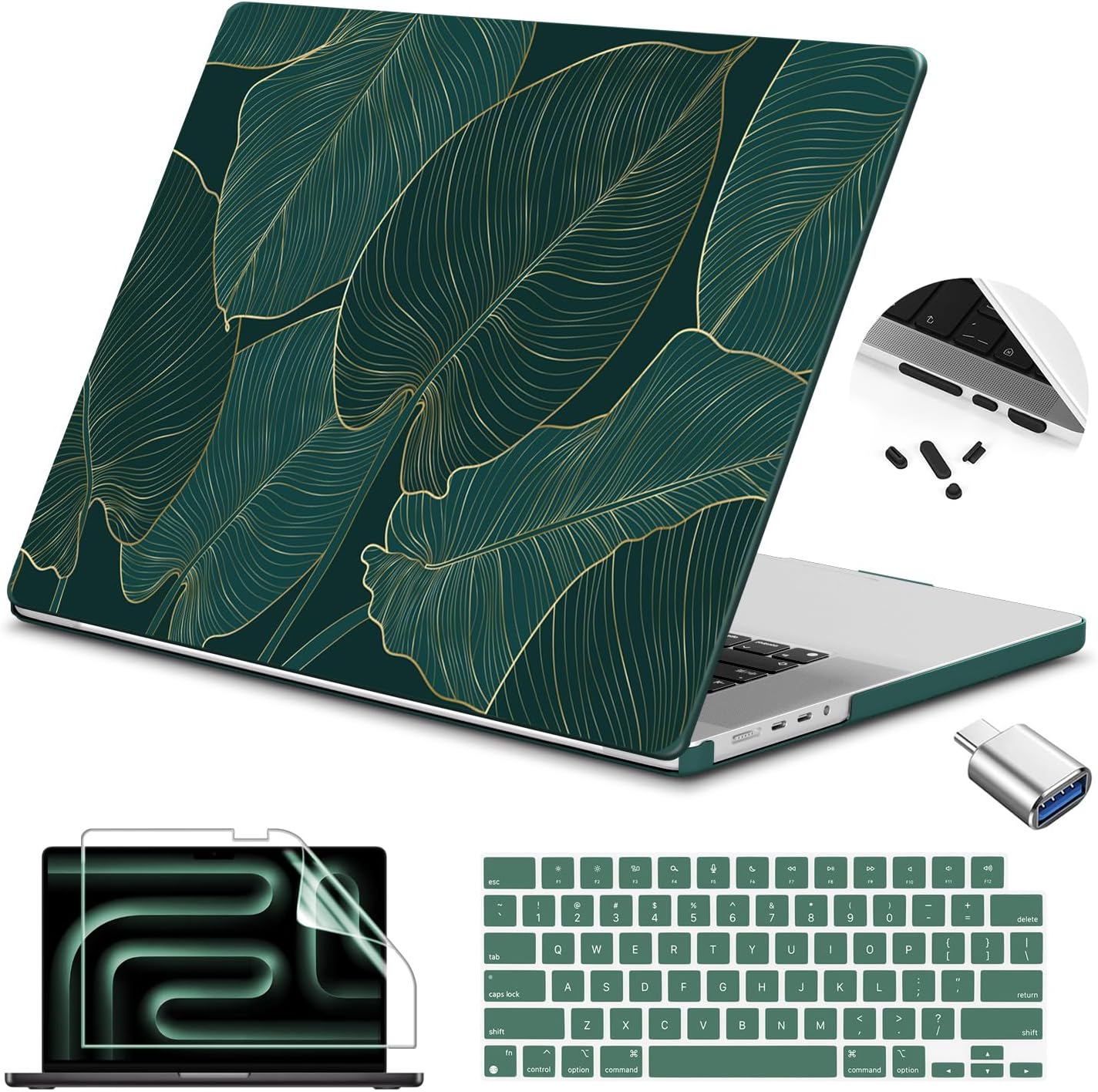 Teryeefi Pattern Case for MacBook Pro 14 inch Case 2025-2021 M4 M3 M2 M1 Pro/Max, Fit Model A3401 A3112 A2992 A2918 A2779 A2442 Protective Hard Shell +Keyboard Cover+Screen Protector - Green Leaf
