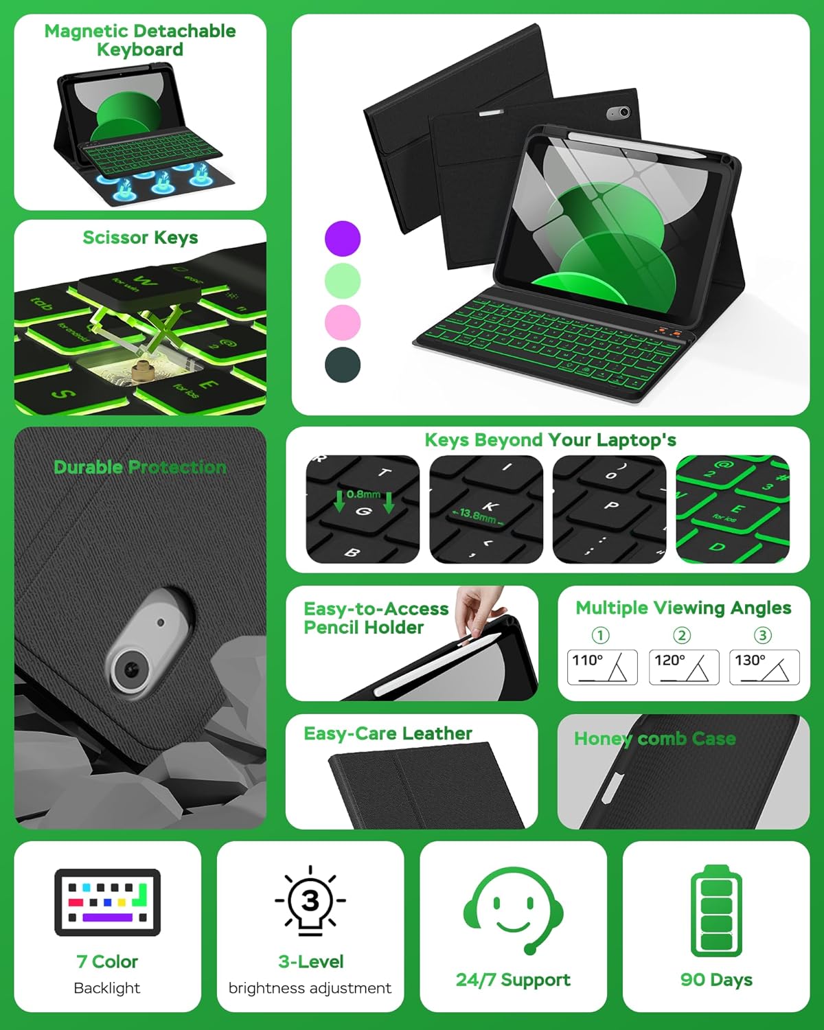 Folio Keyboard Case for iPad 10th Gen 10.9 inch (2022) and iPad 11th (A16, 2025), Magnetic Wireless Detachable Keyboard, 7-Color Backlight, Thin & Light, Pencil Holder (Black)