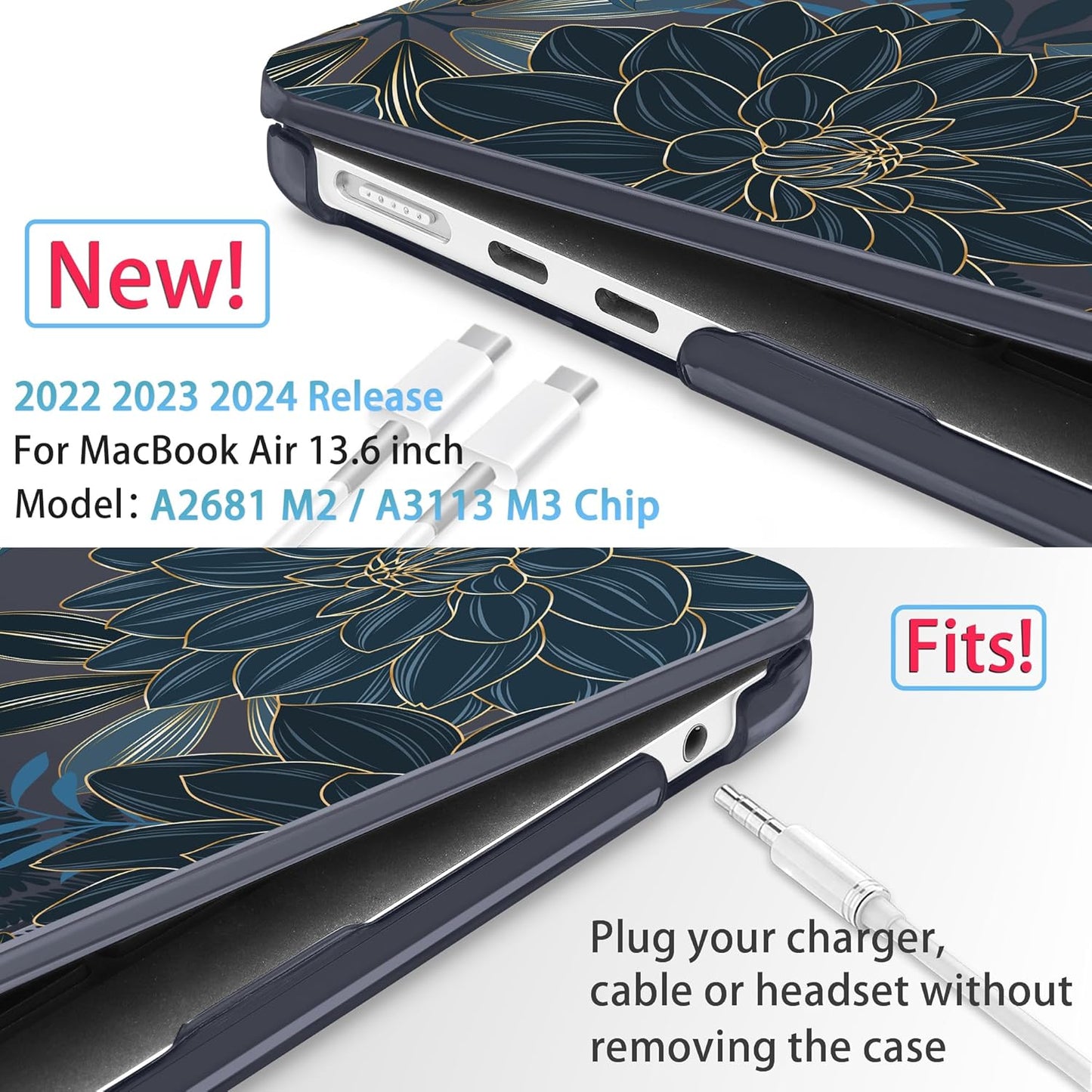 Mektron for 2025 M4 MacBook Air 13.6 Inch A3240 Case Fits 2023 A2681 M2 2024 A3113 M3 Chip with Liquid Retina Display, Printed Plastic Hard Shell Cover for MacBook Air 13.6", Dahlia Flower C035