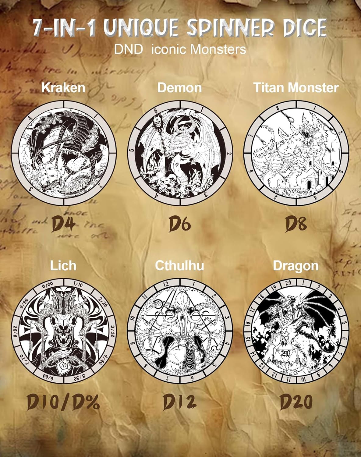 Kabinka Spinner Dice for 7 in 1 DND Dice Set, Unique Metal Dice for Dungeons and Dragons RPG Role Playing Gaming (Ancient Silver)