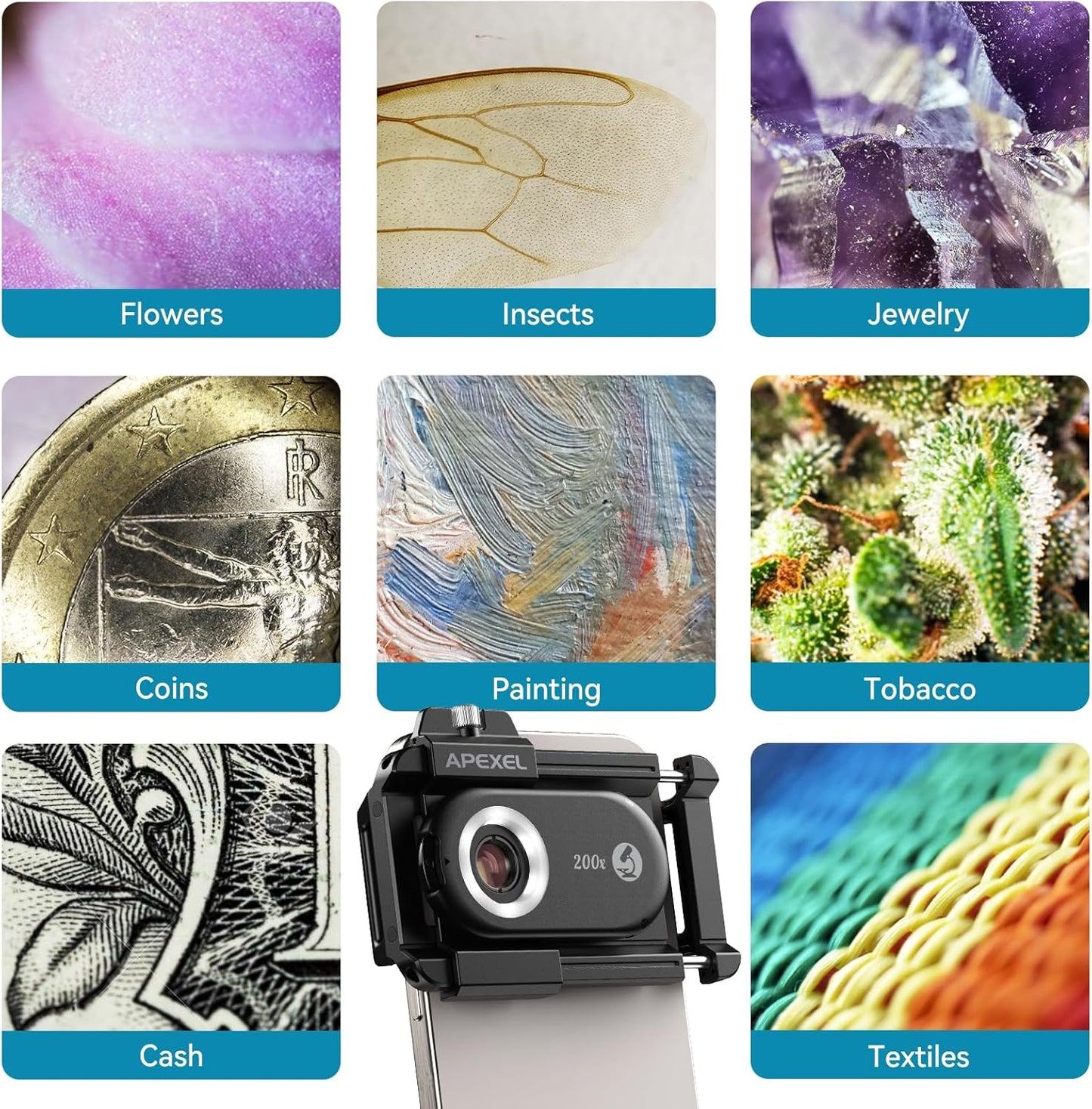 APEXEL 3-in-1 Phone Microscope Lens, 100X/150X/200X Nano Zoom Phone Micro Lens for Android/iPhone with LED UV Light/CPL/Universal Clip, Mini Pocket Digital Microscope, Portable Smartphone Camera