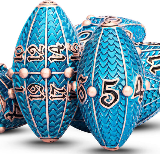 ARUOHHA DND Metal Dice Copper Blue Dragon Egg Dice with Metal Box, Role Playing Game RPG Polyhedral D and D Dice Set D20 D12 D10 D8 D6 D4