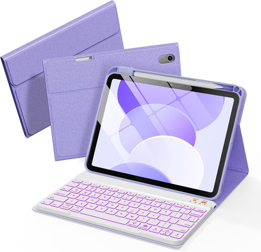 Folio Keyboard Case for iPad 10th Gen 10.9 inch (2022) and iPad 11th (A16, 2025), Magnetic Wireless Detachable Keyboard, 7-Color Backlight, Thin & Light, Pencil Holder (Purple)