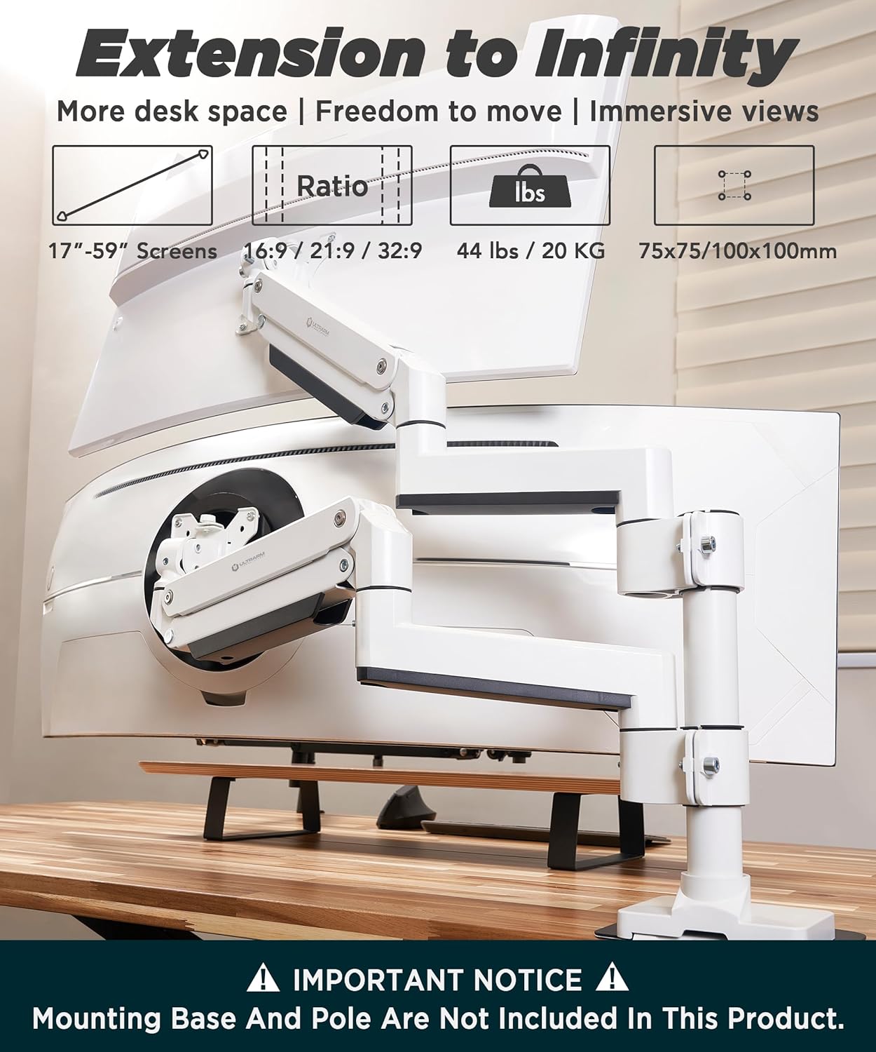 Heavy Duty Extension Arm [Accessory Only - Requires MA20PW-S Single Monitor Arm for Use] Dual 49" Vertical Stacked Monitor Mount Height Adjustable - 100x100 VESA Mount, White, MA20PW-A