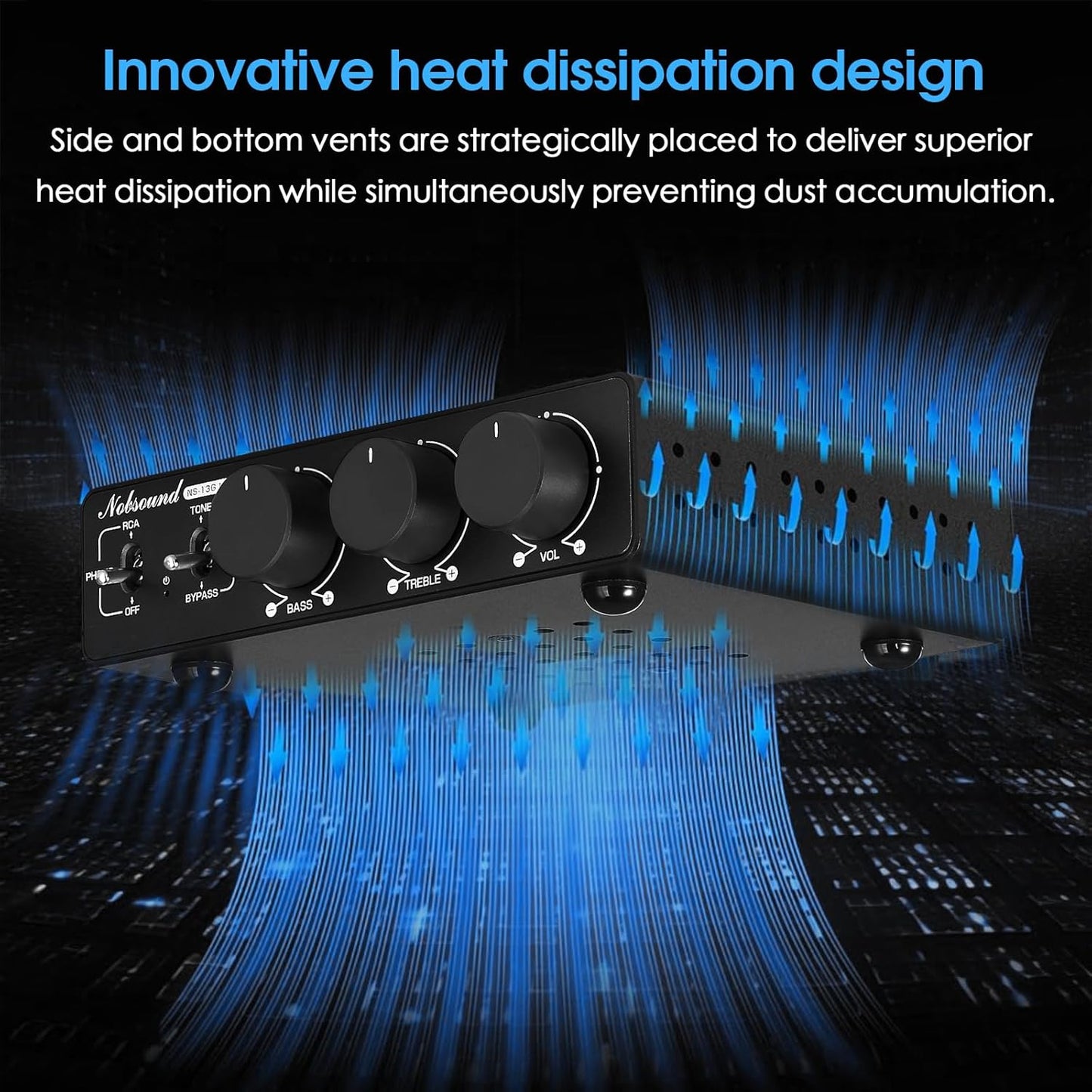 Douk Audio NS-13G MAX 300Wx2 Stereo Amplifier with Phono Input - HiFi Class D Mini Power Amp for Home Theater, Turntables, Studio Monitor | TPA3255 Chip, RCA/MM Inputs, Bass/Treble Control (DC 48V)