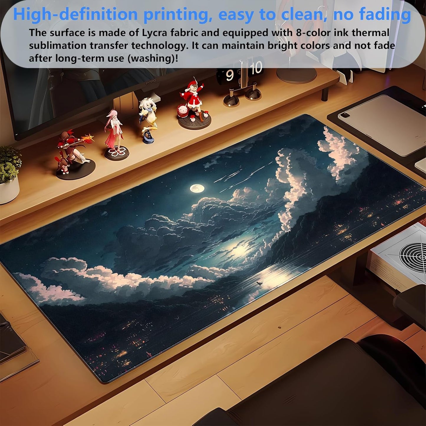 Anime Aesthetics Desk Mat Cloud Mouse Pad Gaming MousePad XXL Computer Mat Full Desk Mouse and Keyboard Pad Full Moon Mouse Mat with Stitched Edge Anti-slip Washable for Office and Home 31.5 x 15.7 In