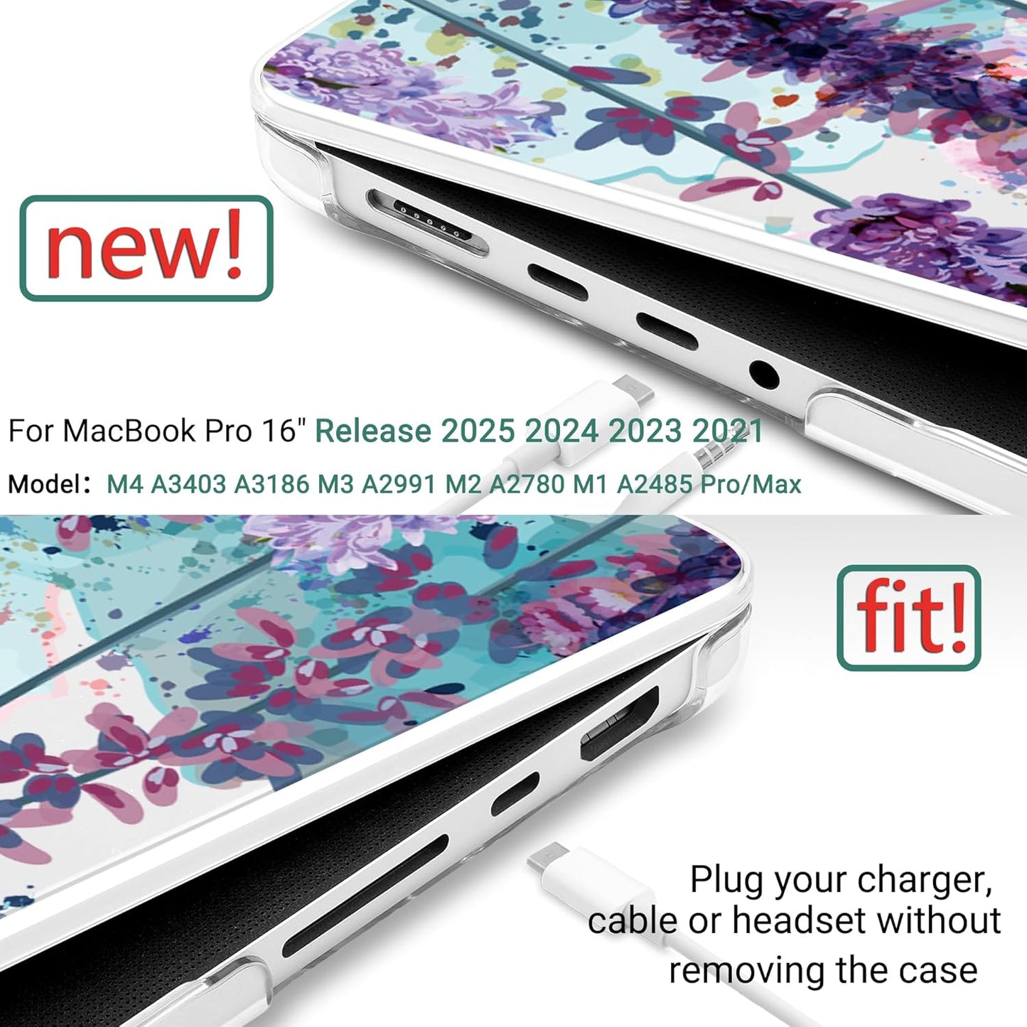 DONGKE for M4 MacBook Pro 16 Inch Case 2024 2023 2021 A3403 A3186 M3 A2991 M2 A2780 M1 A2485 Pro/Max Chip, Plastic Hard Shell Case & Keyboard Cover for Mac Pro 16 with Touch ID, Lavender Flowers