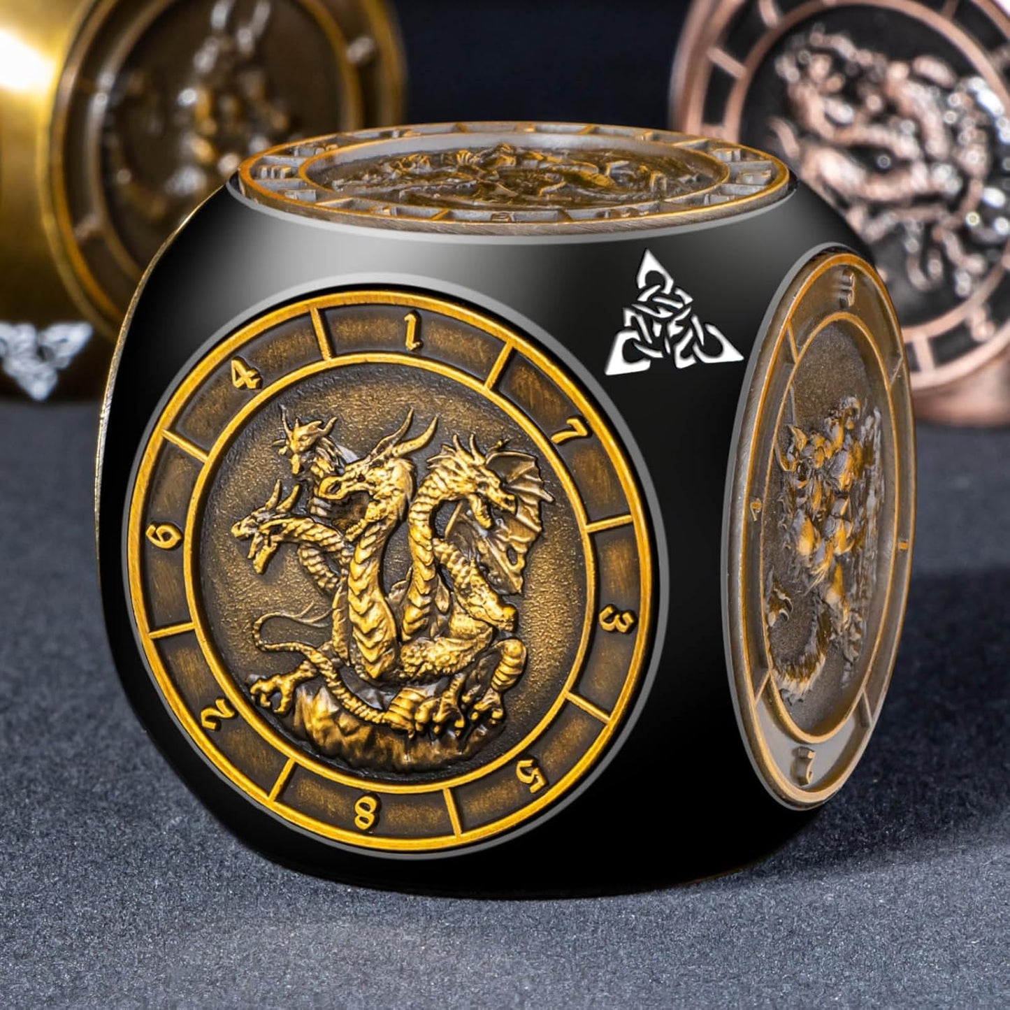 7 in 1 D6 Spinner DND Dice Set D&D, Metal Cube D and D Dice with Gift Box, Dungeons Dragons Role Playing Dice, Black Gold