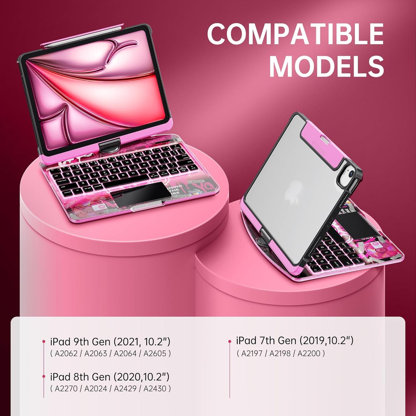 GUSGU Transparent Case with Wireless Keyboard for iPad 10.2-in (7th, 8th, and 9th Gen), 7 Colors Backlight, Trackpad, 360°Rotating Stand, Tech Style