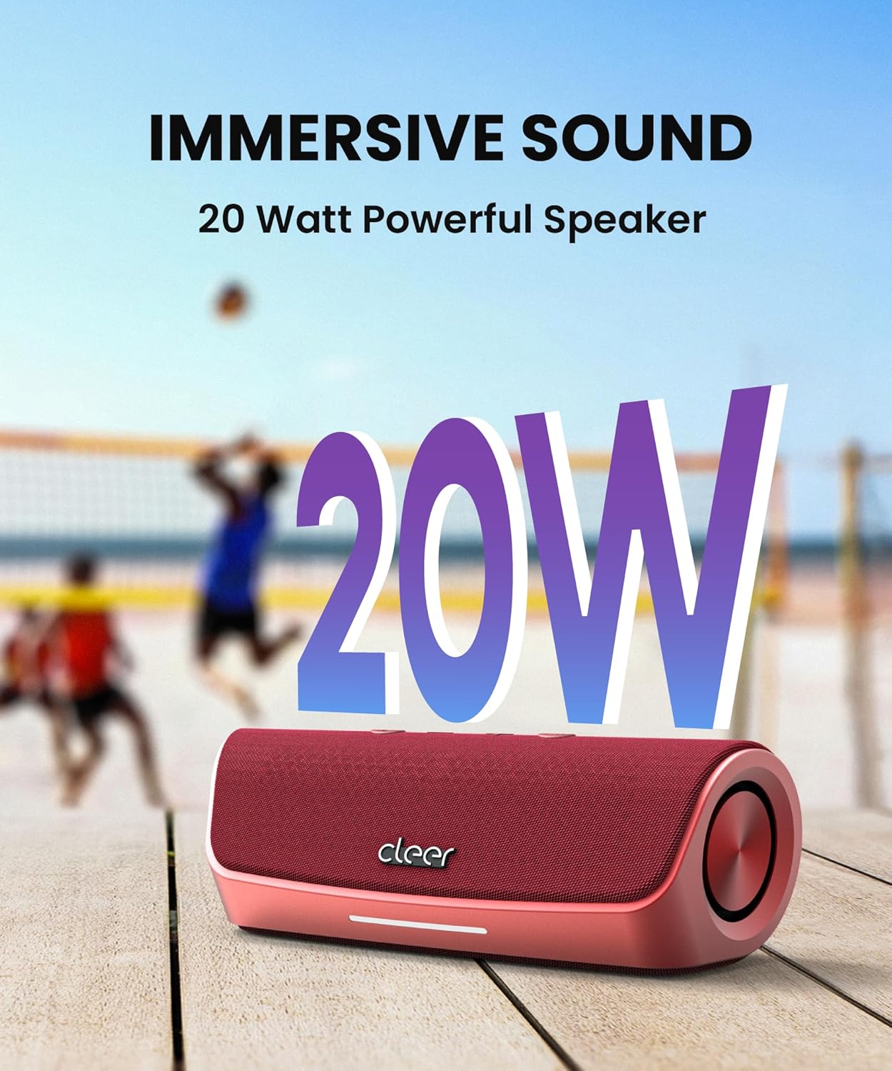 Cleer Scene Wireless Bluetooth Speaker, Stereo Wireless Pairing, Waterproof IPX7, 12Hrs Play time, Deep Bass, Built-in Mic, Powerful Portable Speakers, for Outdoor & Party, Home,Red