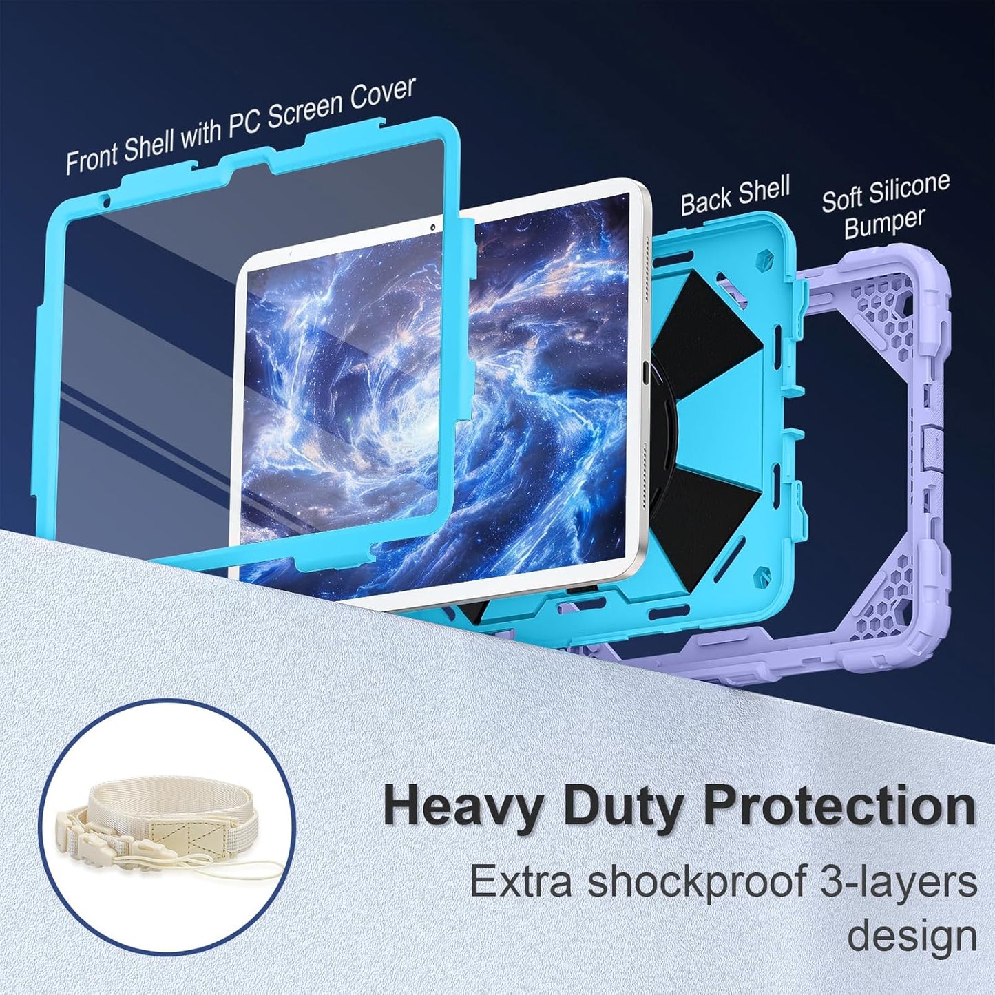 Case for iPad (A16) 11th Generation 11 Inch (2025), iPad 10th Generation Case 10.9 Inch (2022), Shockproof Cover with 360° Rotating Stand Screen Protector Pen Holder Shoulder Strap, Purple Blue