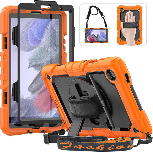 HXCASEAC Case for Samsung Galaxy Tab A7 Lite, Protective with Screen Protector/Hand Strap/Pen Holder, Sturdy A7 Lite Tablet Case, SM-T220 SM-T225 SM-T227, Orange