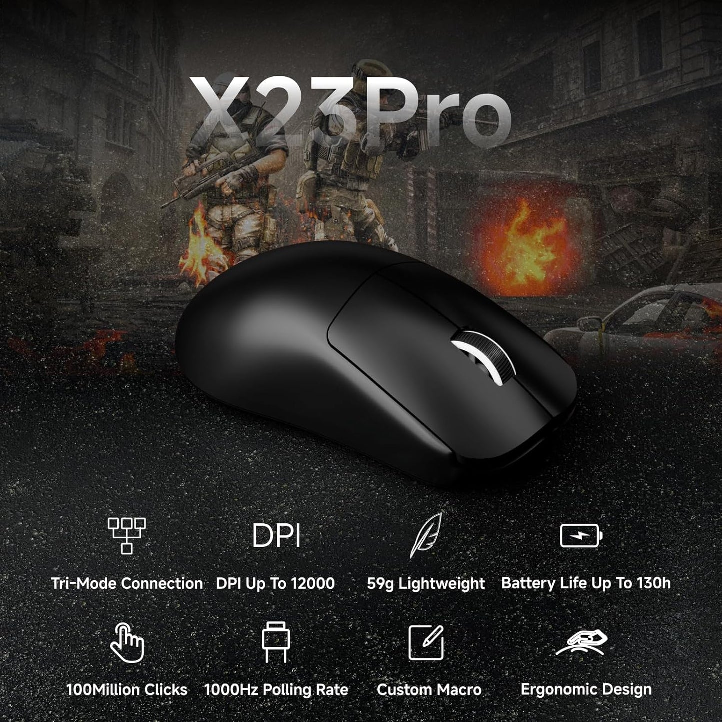 EWEADN X23Pro Wireless Gaming Mouse, 49g Lightweight Mouse, PAW3311 Sensor, 12000 DPI, 2.4G/BT5.0/USB-C Rechargeable Wireless Mouses with 6 Programmable Buttons for Laptop/PC/Mac, Black