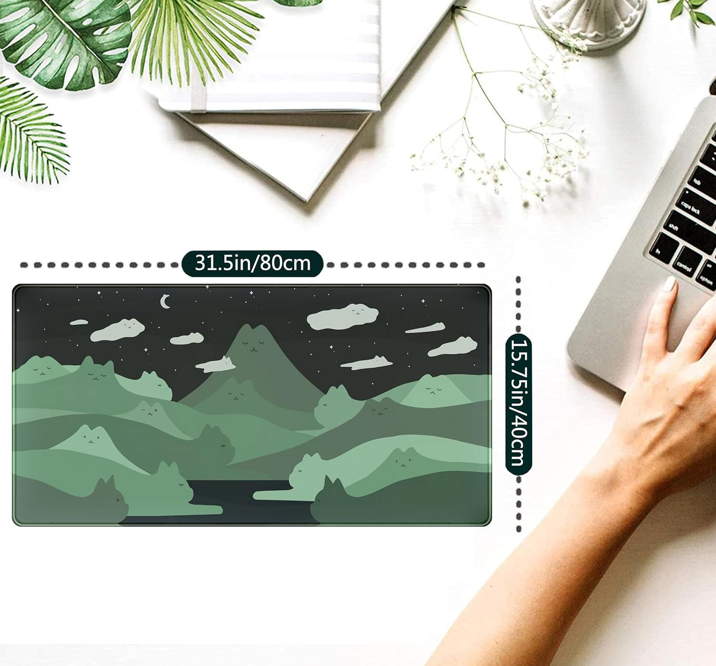 Anime Green Cats Mouse Pad Desk Pad Kawaii Cartoon Cat Desk Mat Cute, XXL Large Laptop Gaming Mousepad Keyboard Mouse Mat, Office Desk Decor matt for Women with Stitched Eges Pad, 31.5x15.75 in