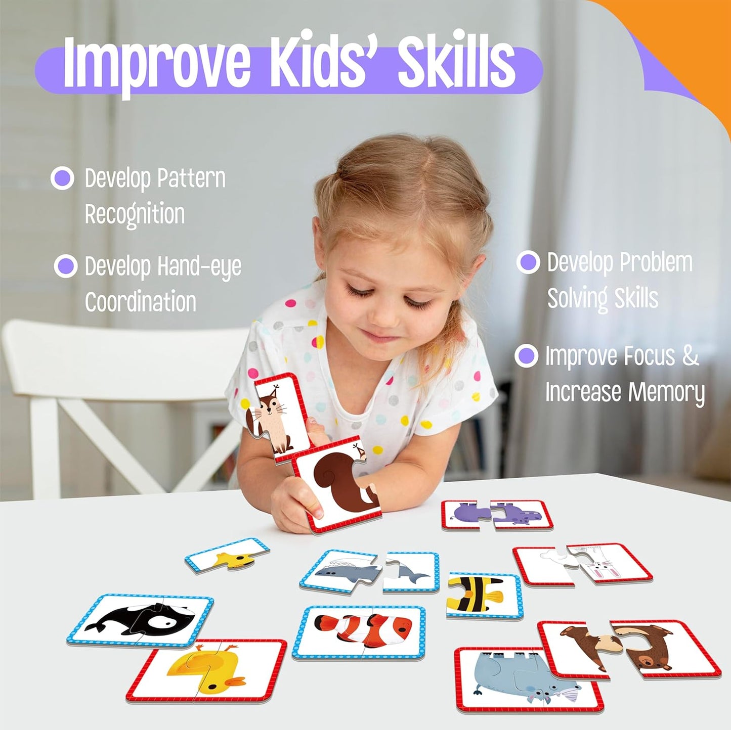 48 Animal Memory Matching Puzzles with Error-Correction, Self-Correcting Puzzle Match Game Educational Learning Activities for Toddlers Kindergarten, Animal-Themed Learning Games Toys for 3 Years Old