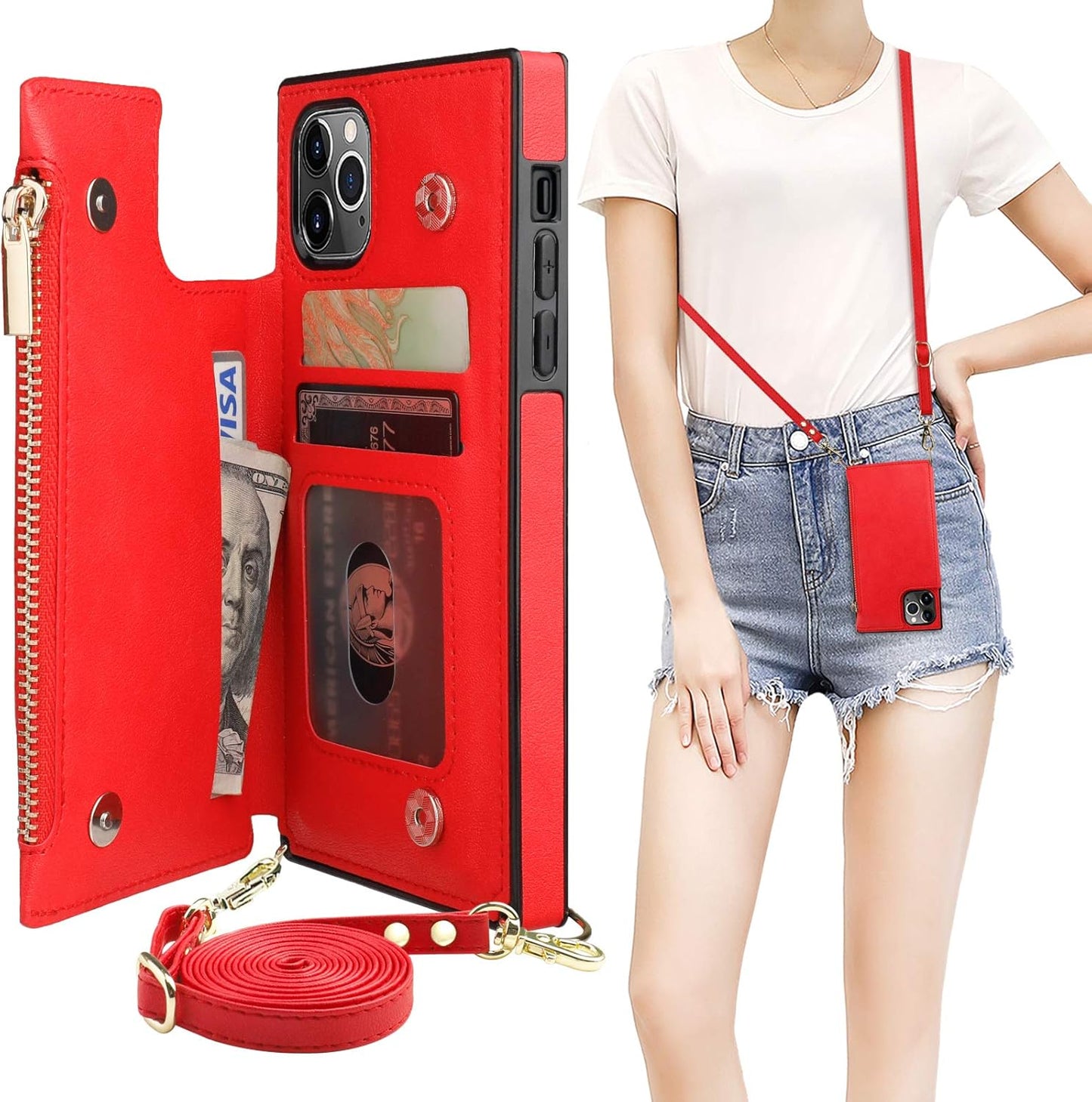 Bocasal Crossbody Wallet Case for iPhone 11 Pro with Card Holder,Zipper Card Slot Protector Shockproof Purse Cover with Removable Cross Body Strap 5.8 Inch(Red)