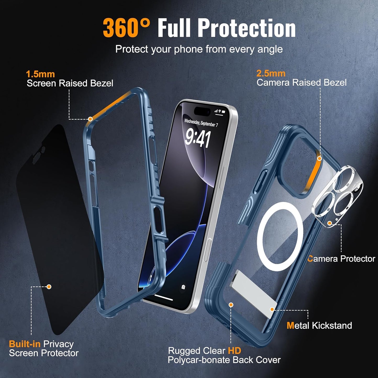 360° Protection Magnetic for iPhone 16 Pro Case Built-in 9H Privacy Screen Protector & Metal Stand[Fit for Magsafe][Anti-Spy][Lens Protector] Heavy Duty Shockproof Phone Case for iPhone 16 Pro