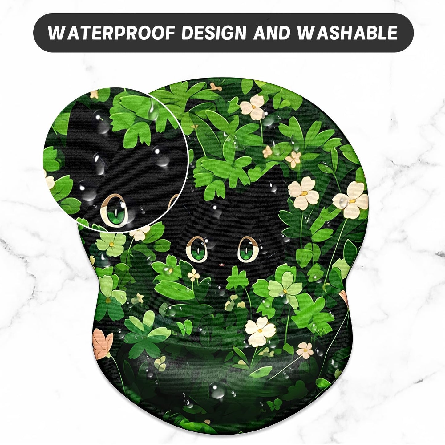 ITNRSIIET Ergonomic Mouse Pad with Gel Wrist Support Small Wrist Rest Smooth Surface Non-Slip PU Base Comfortable Office Supplies Pain Relief, 8.7 x 7.2 inches, Green Leave Cat