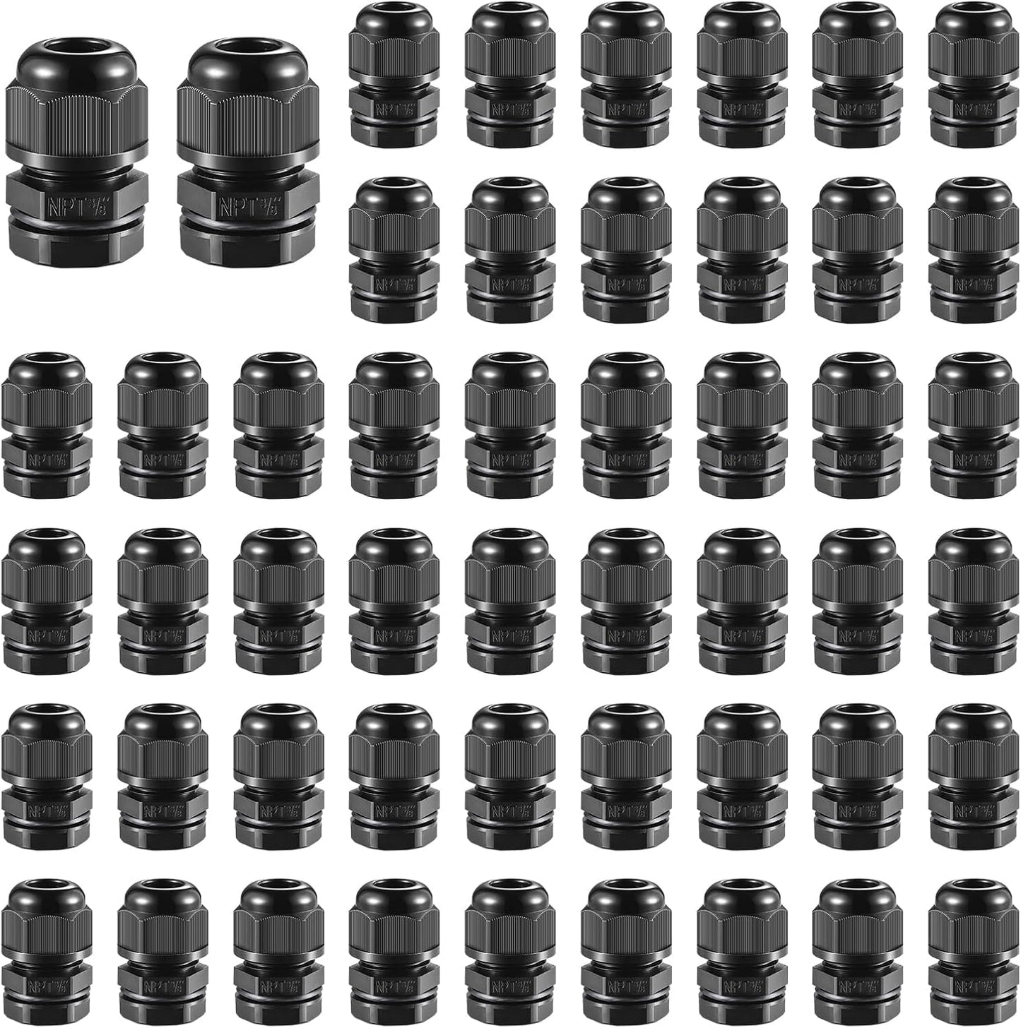 50 PCS 3/8"(5-10mm) NPT Nylon Cable Gland Joints with Gaskets, IP68 Adjustable Lock Nut Strain Relief Cord Grip Waterproof Cable Glands - UL Listed and RoHS Compliant