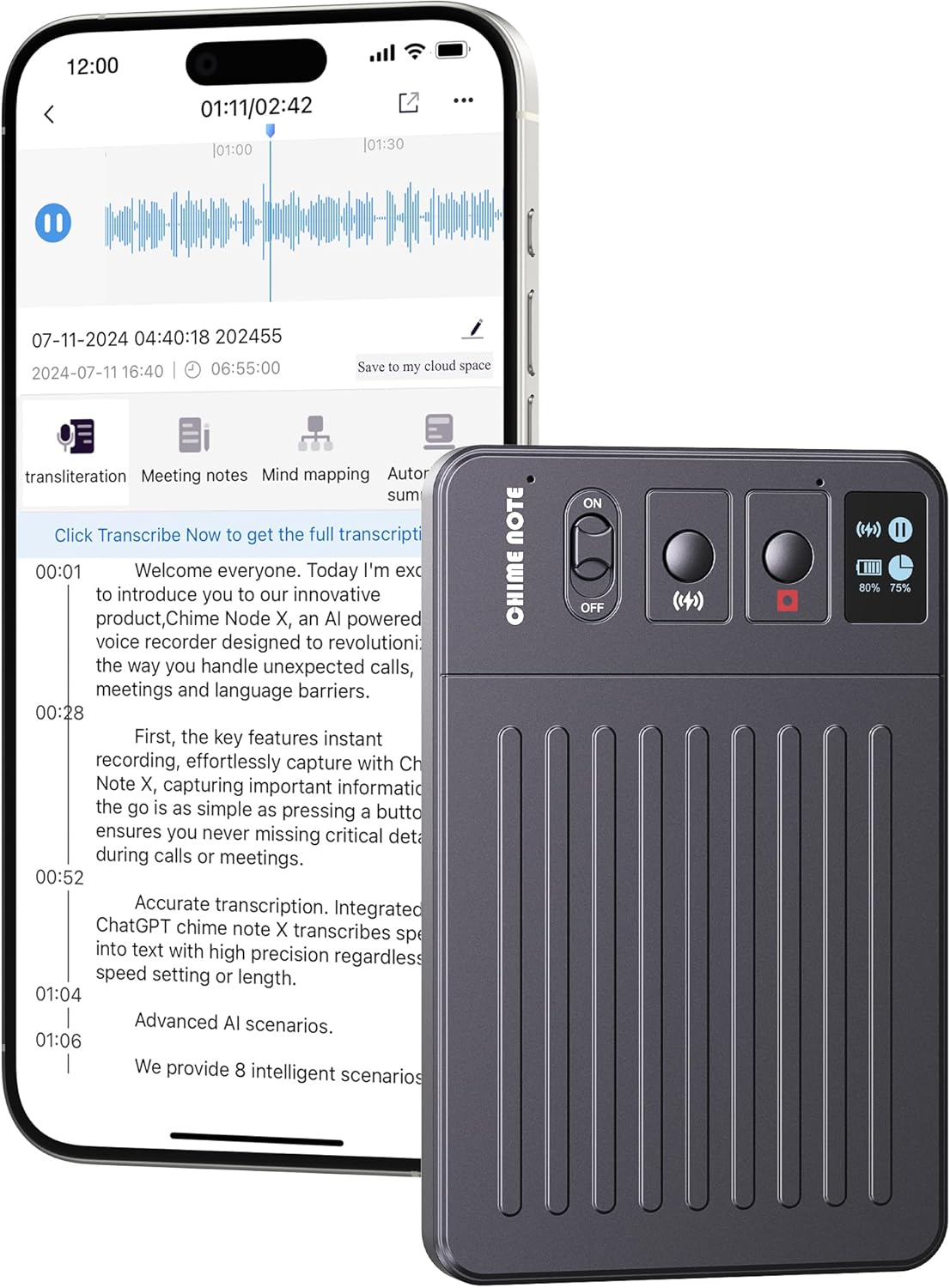 AI Voice Recorder, Voice Recorder with No Fee for Transcribe & Summarize Empowered by ChatGpt, App Control, Support 107 Languages,64GB Memory,Audio Recorder for Lectures/Meetings/Calls/Interview