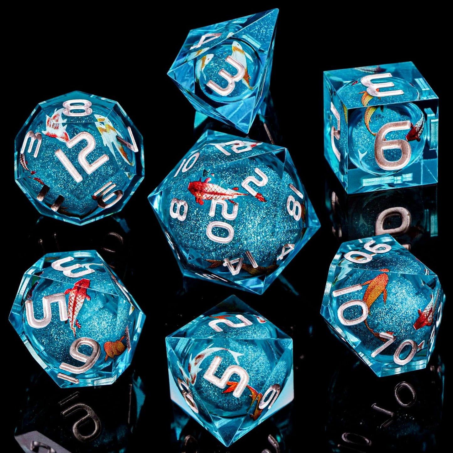 ARUOHHA Liquid Core DND Dice Set, 7pcs Resin Blue Sharp Edged Dragons Dice Compatible with D&D Role Playing Games, Handmade RPG Koi Fish Dungeons Polyhedral Dice Set D20 D12 D10 D8 D6 D4