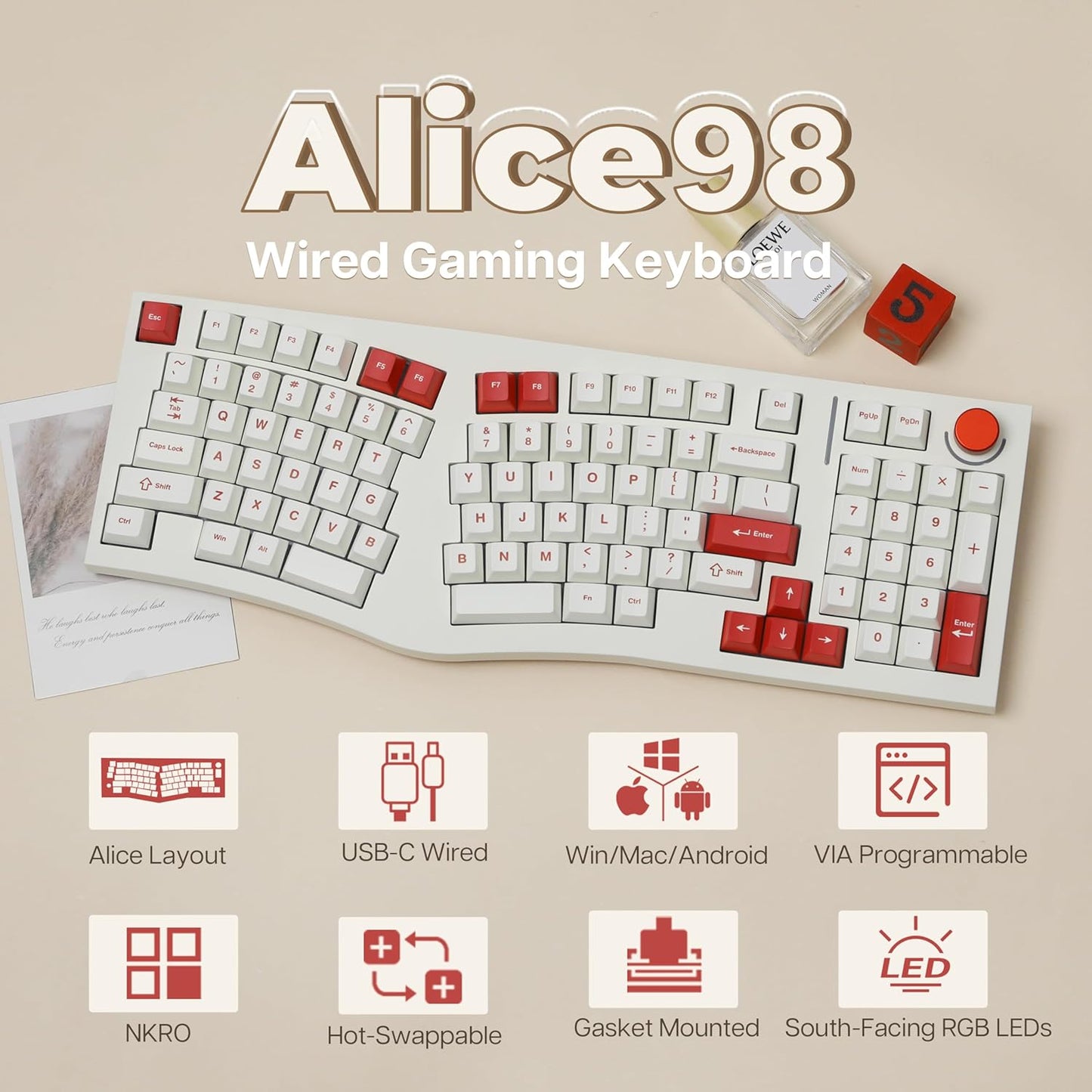 Feker Alice98 Ergonomic 98 Keys Custom Mechanical Keyboard, VIA Programmable, USB-C Wired Gaming Keyboard, Hot Swappable, 5 Layer Paddings, Control Knob, NKRO, RGB for Win/Mac (Beige)