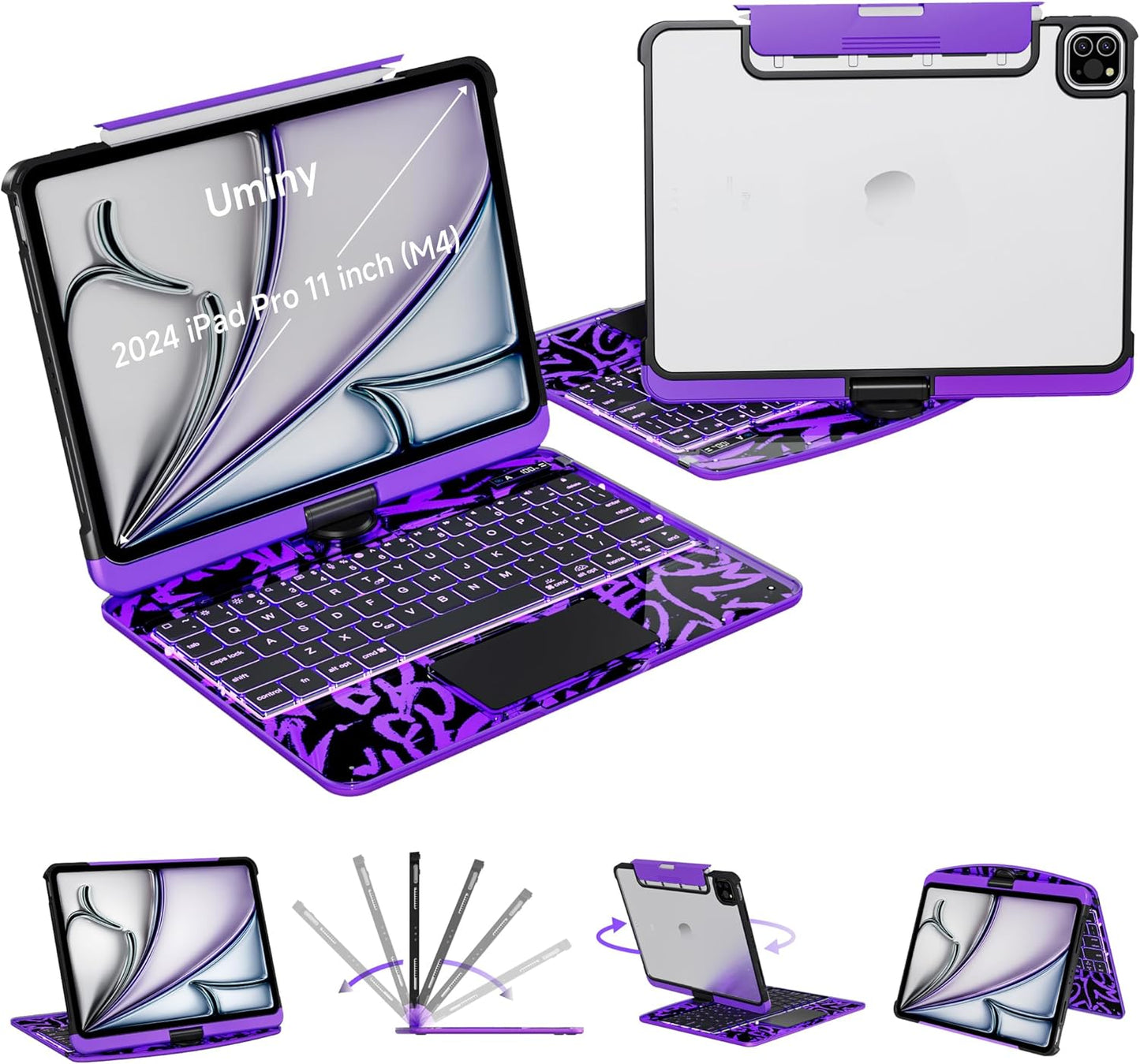 iPad Keyboard Case for 2024 M4 iPad Pro 11 inch, Magic Wireless Keyboard with Trackpad 7 Color Backlit, 360° Rotating Stand Transparent Protective Cover with Pencil Holder (Purple)